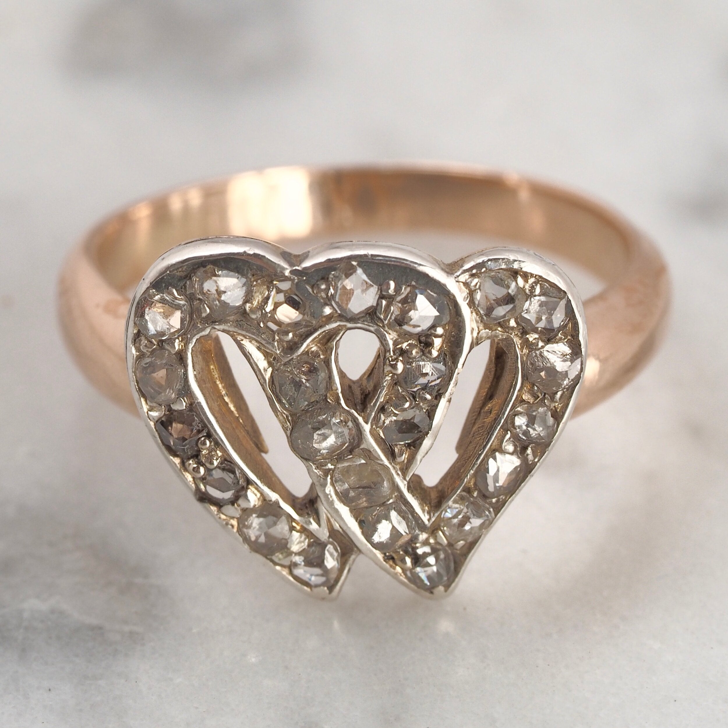 Antique Early Victorian 14k Gold Rose Cut Diamond Hearts Ring