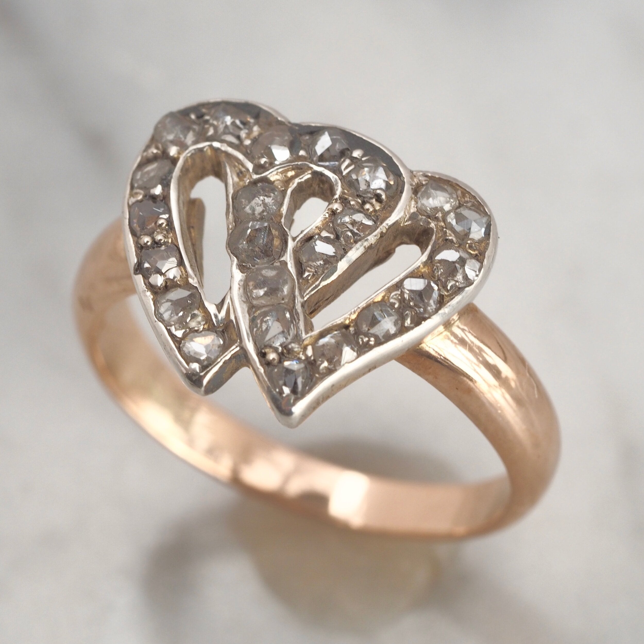 Antique Early Victorian 14k Gold Rose Cut Diamond Hearts Ring