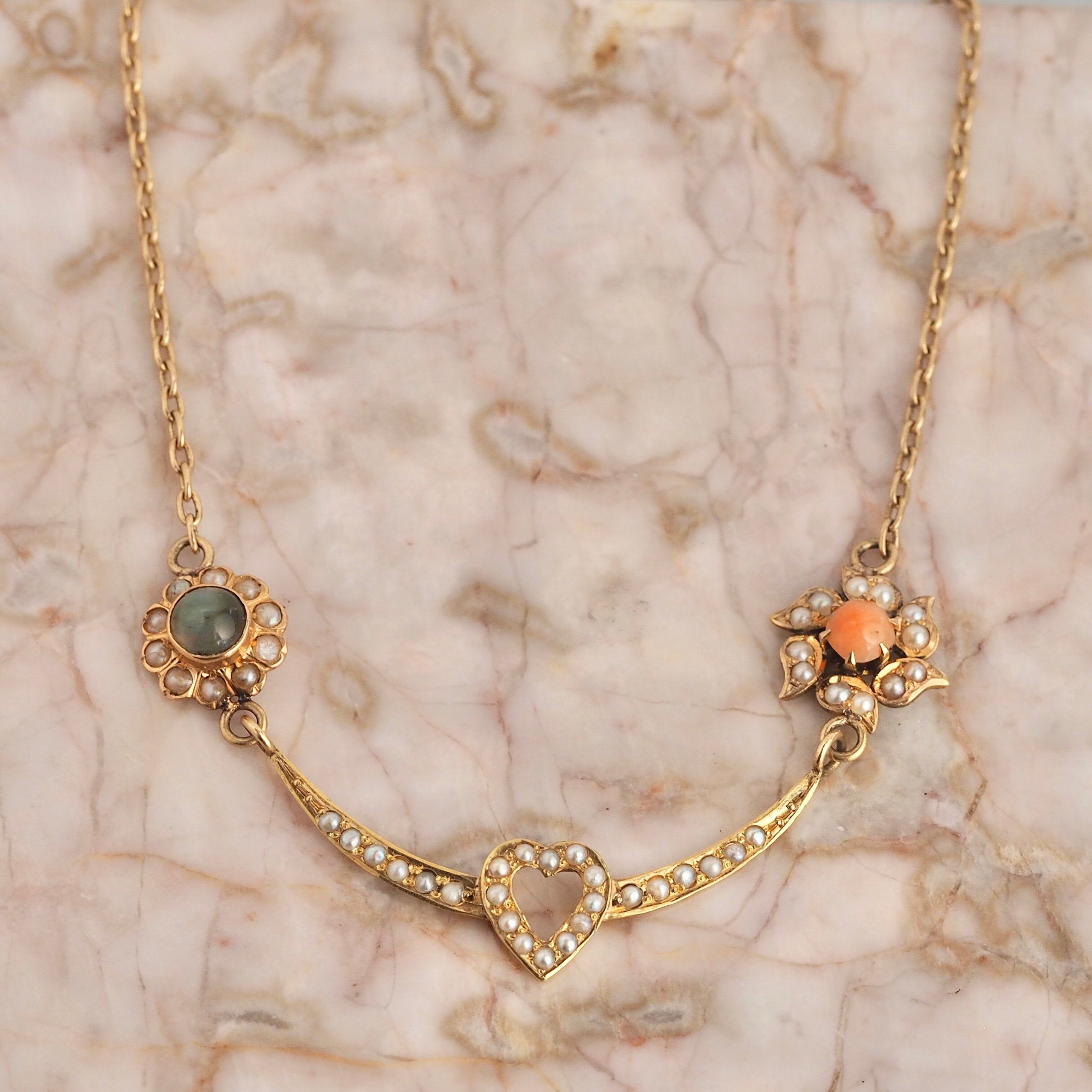 Antique Edwardian 14k Gold Coral, Chrysoberyl and Pearl Heart Necklace