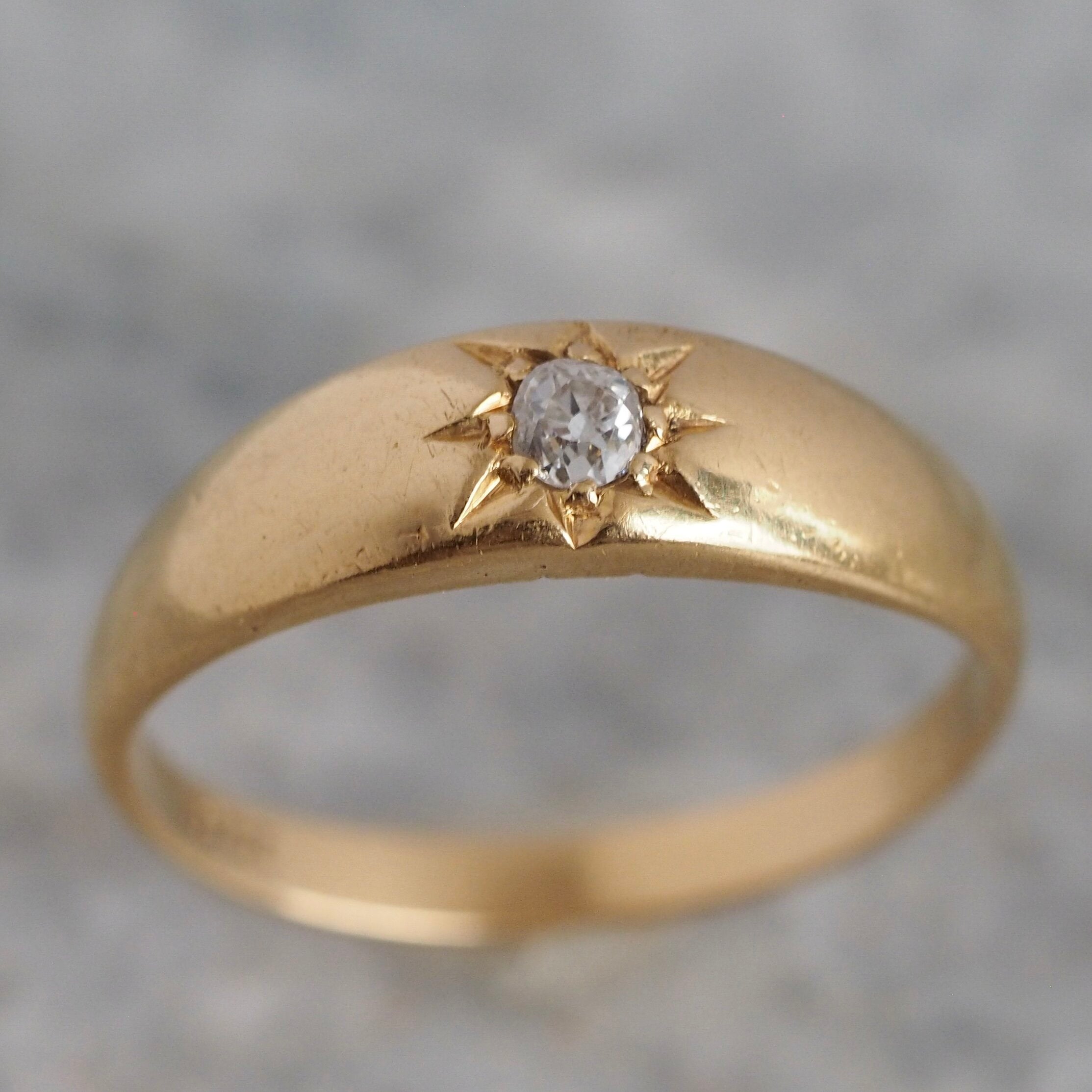 Antique English 18k Gold Old Mine Cut Flush Set Diamond Starburst Ring
