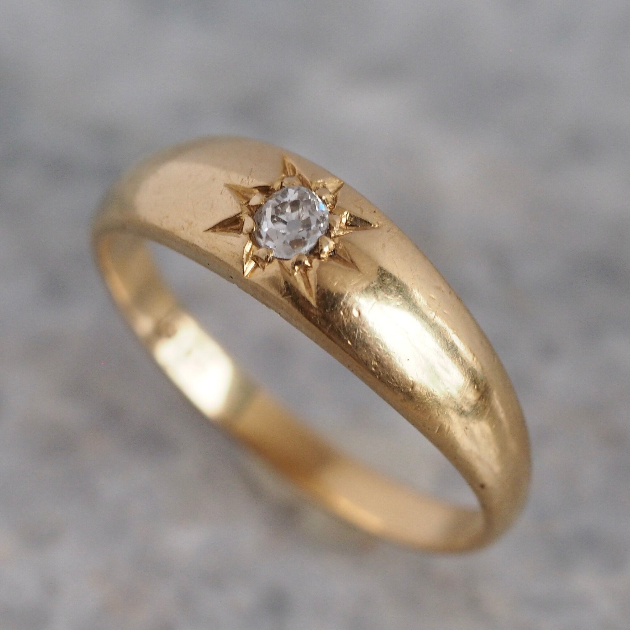 Antique English 18k Gold Old Mine Cut Flush Set Diamond Starburst Ring