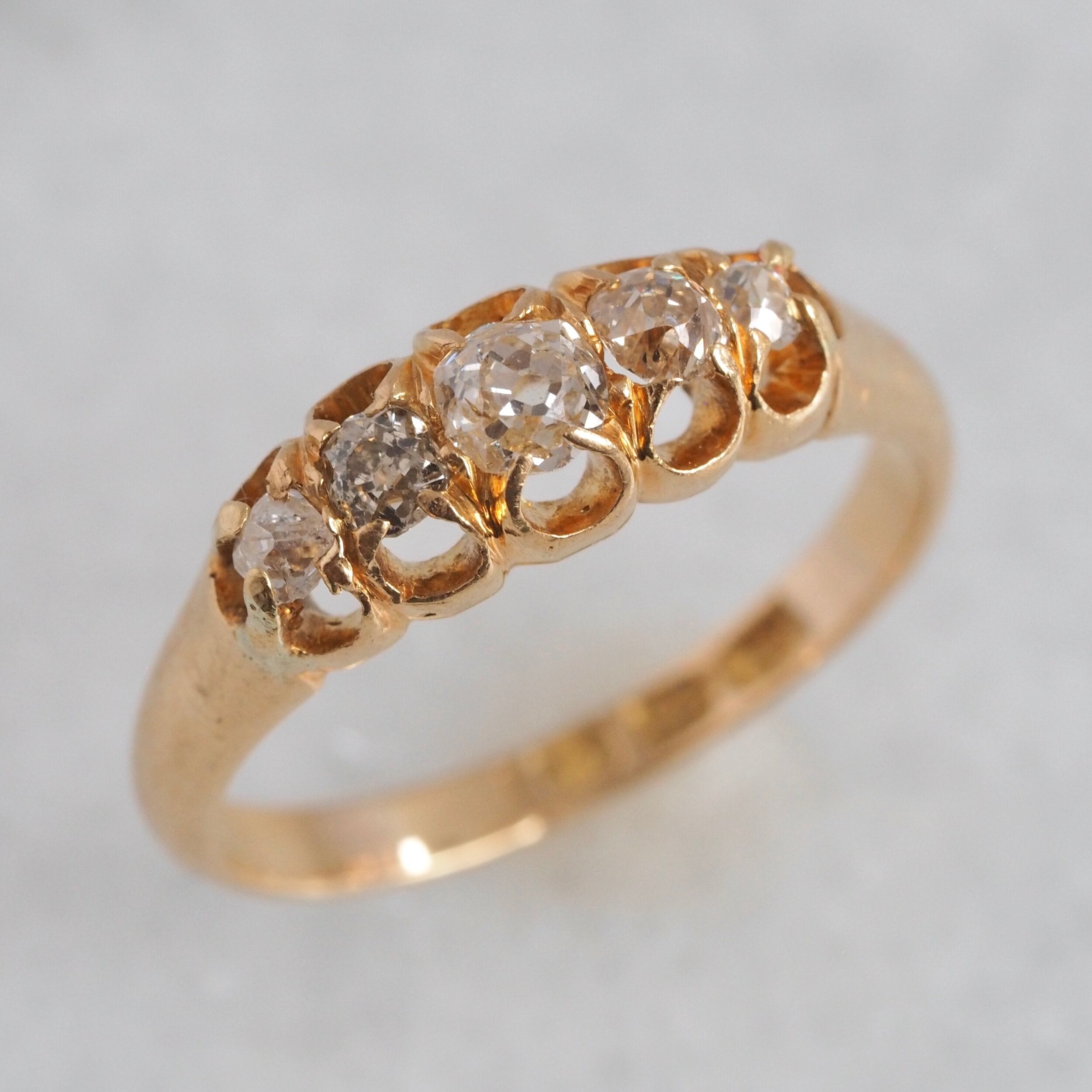 Antique English 18k Old Mine Cut and Single Cut Five Stone Half Hoop Diamond Ring