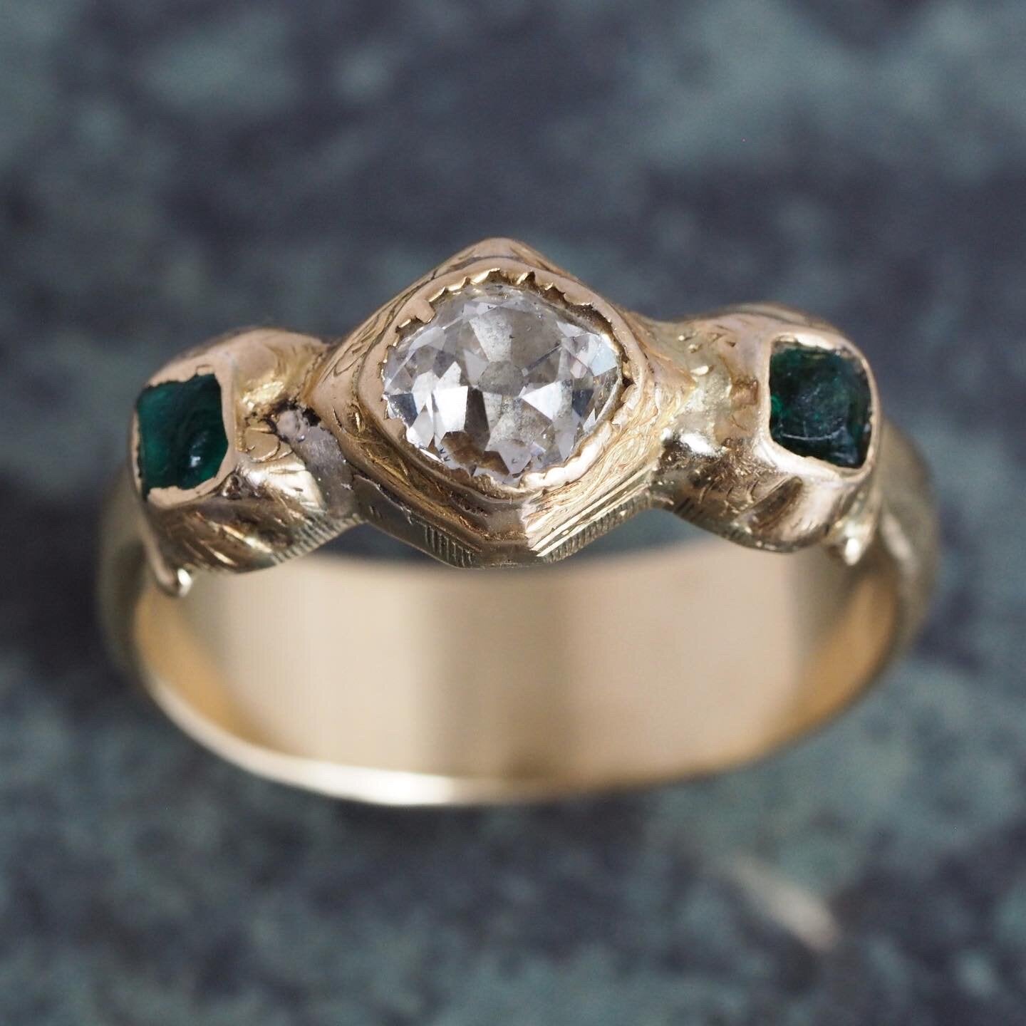 Antique English Georgian 18k Gold Old Mine Cut Diamond and Emerald Trilogy Ring