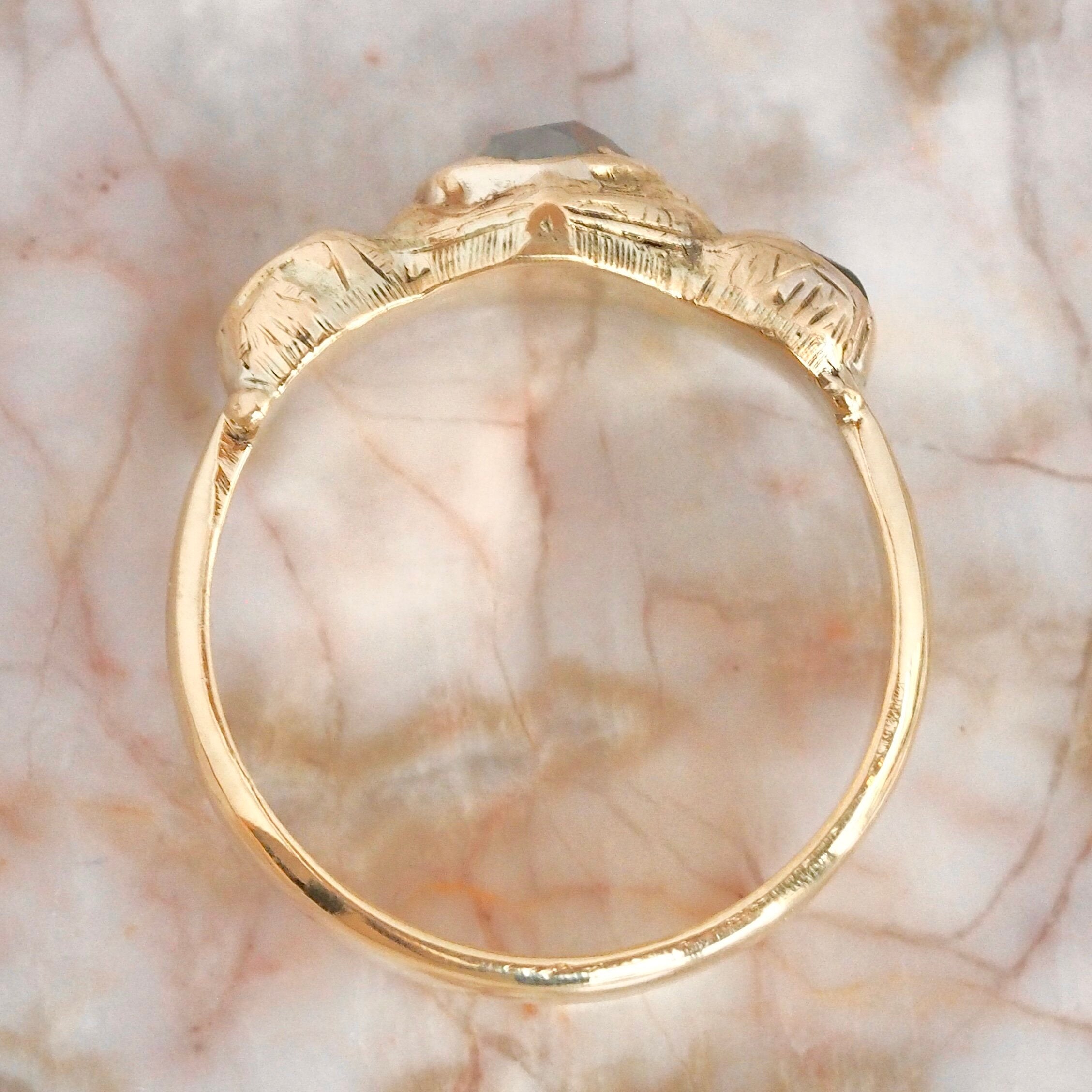 Antique English Georgian 18k Gold Old Mine Cut Diamond and Emerald Trilogy Ring