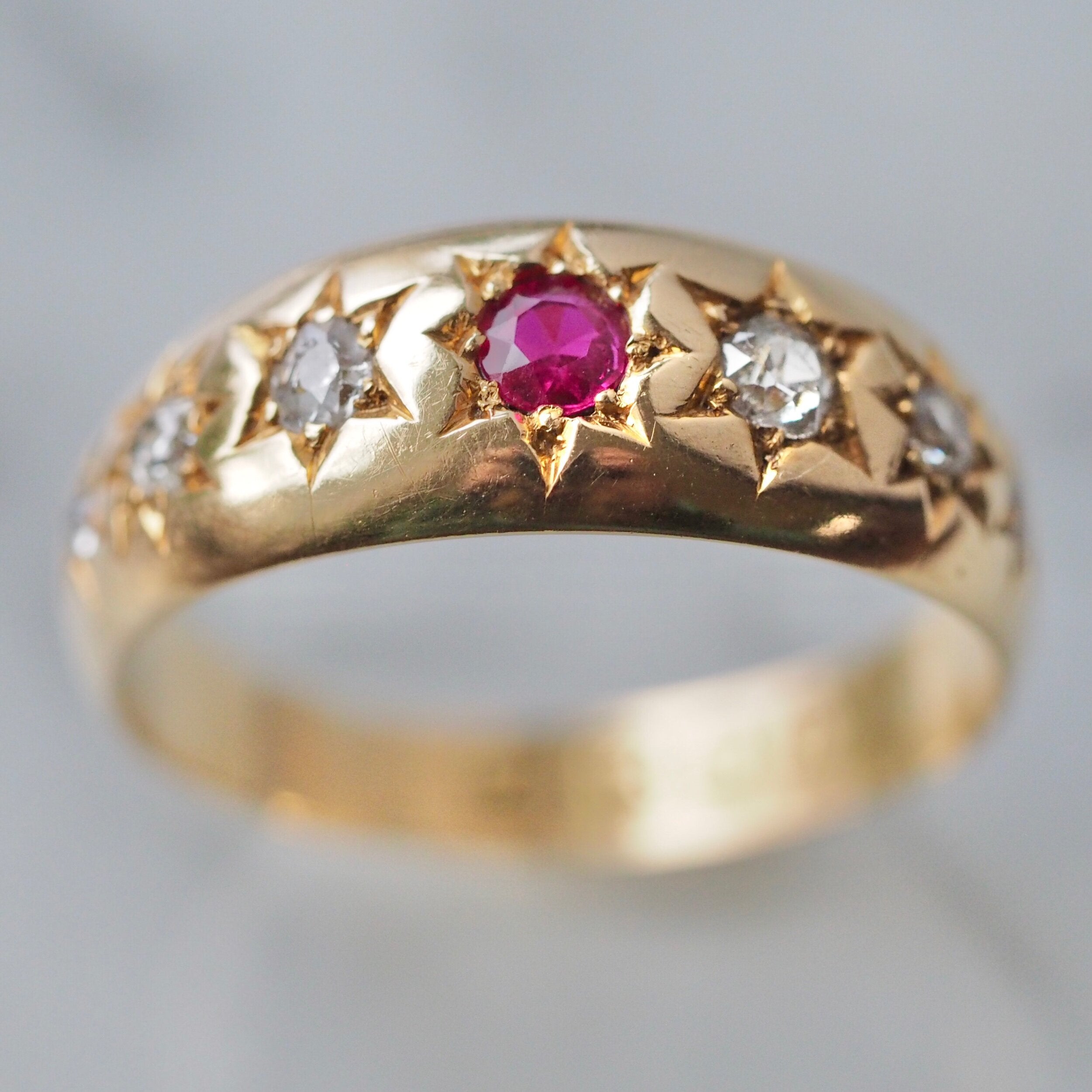 Antique English c. 1897 18k Gold Flush Set Ruby and Old Mine Cut Diamond Ring
