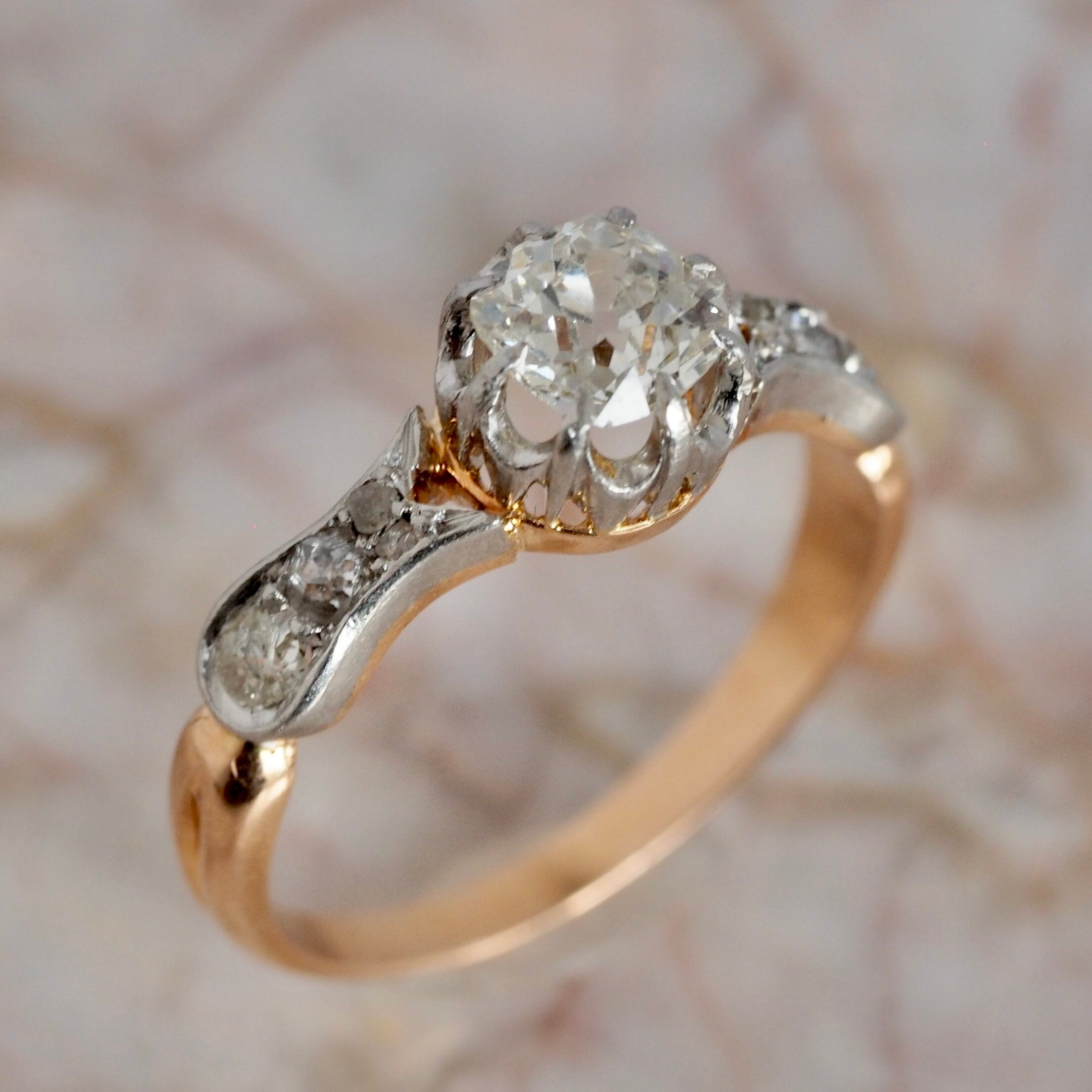 Antique French 18k Gold Old Mine Cushion Cut Diamond Ring