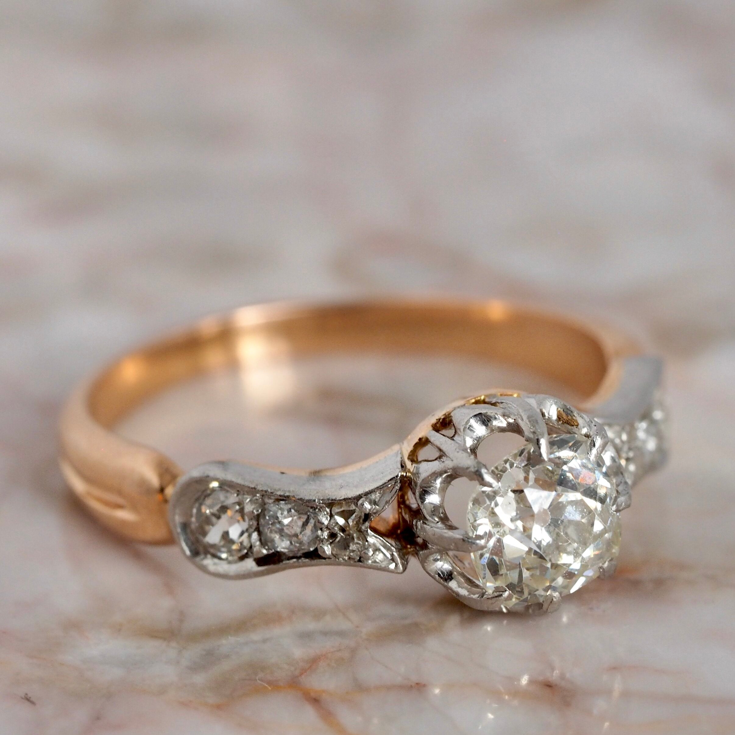 Antique French 18k Gold Old Mine Cushion Cut Diamond Ring