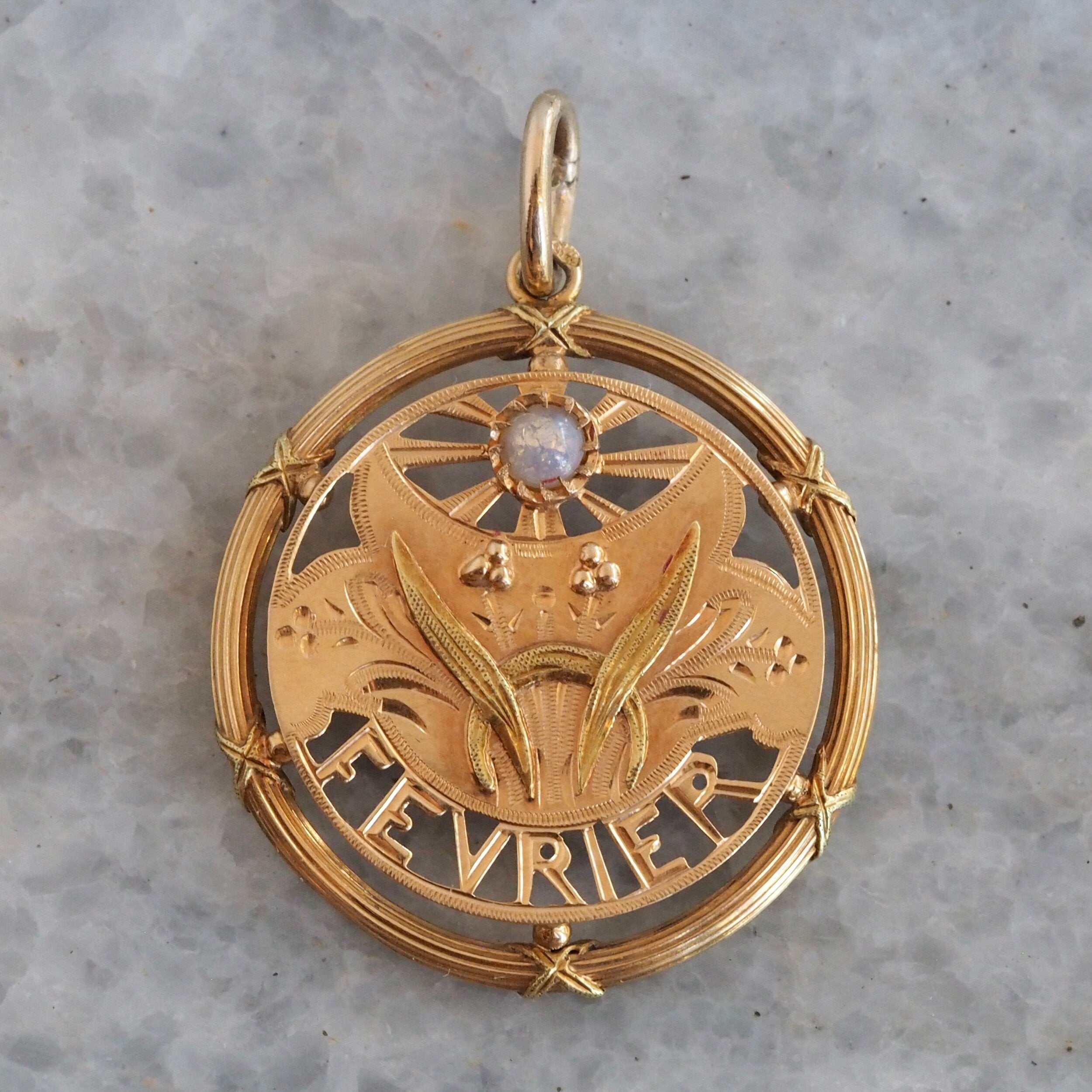 Antique French Art Nouveau 18k Gold "February" Pendant
