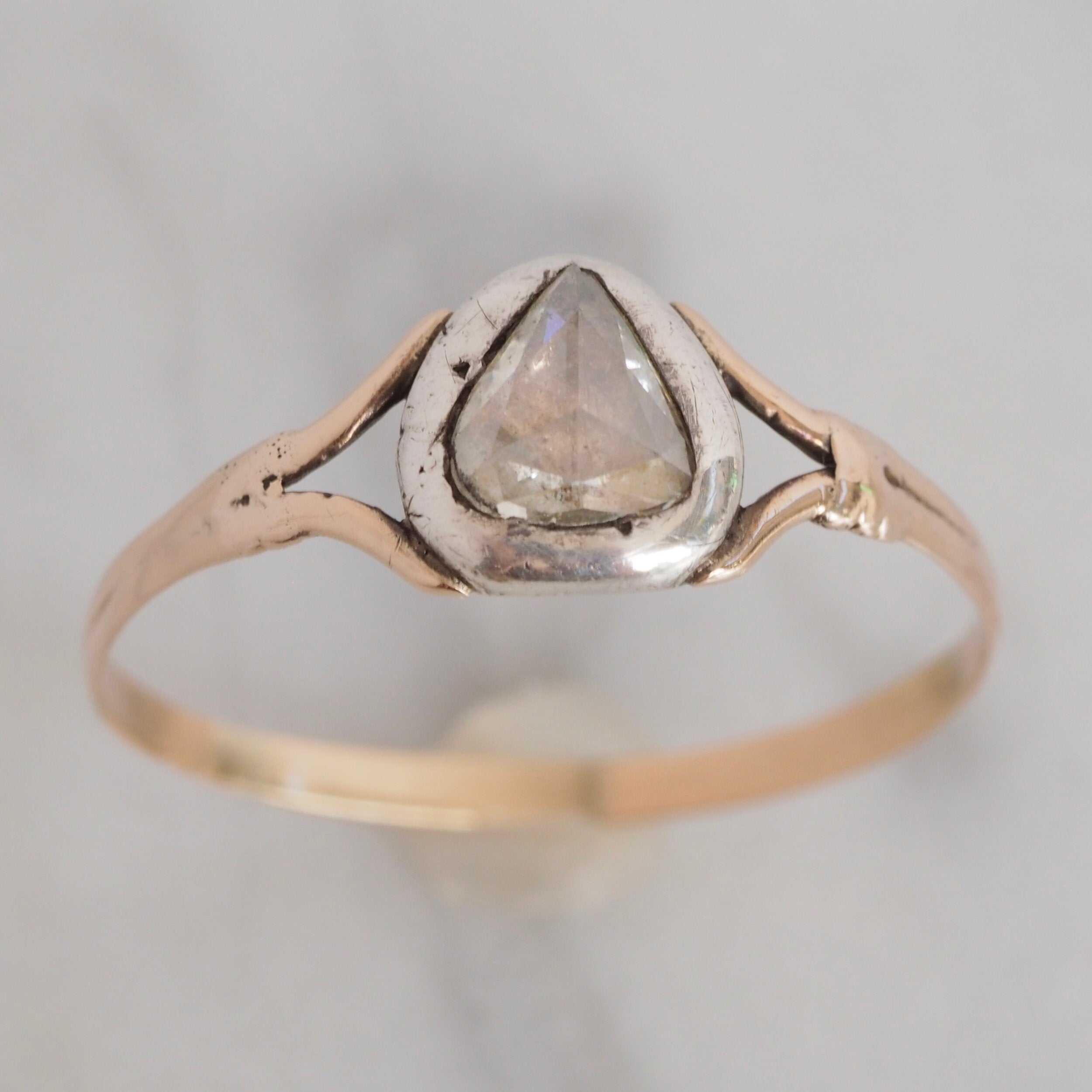 Antique Georgian 14k Gold and Silver Heart Shaped Rose Cut Diamond Ring