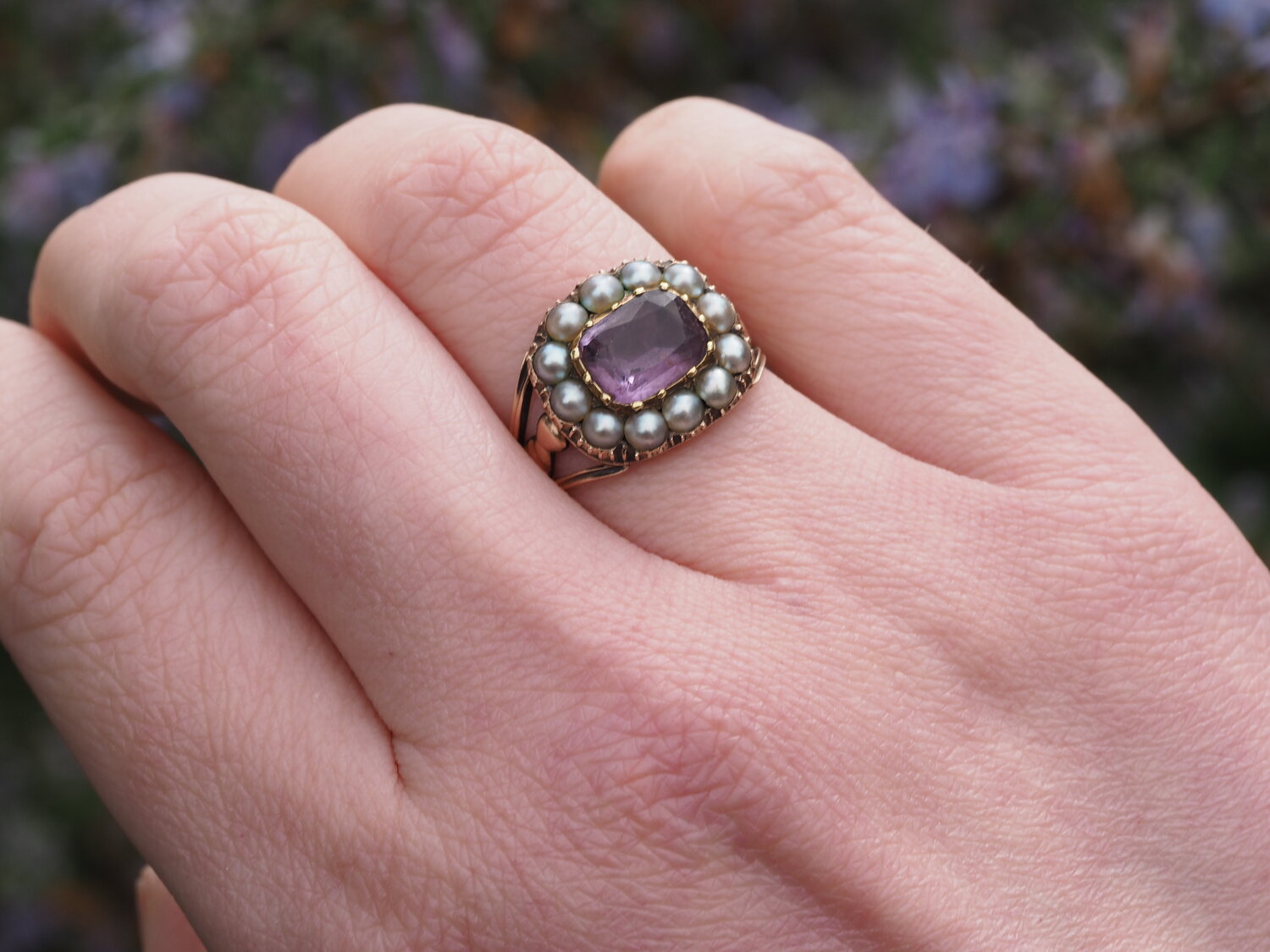 Antique Georgian 15k Gold Amethyst and Seed Pearl Ring