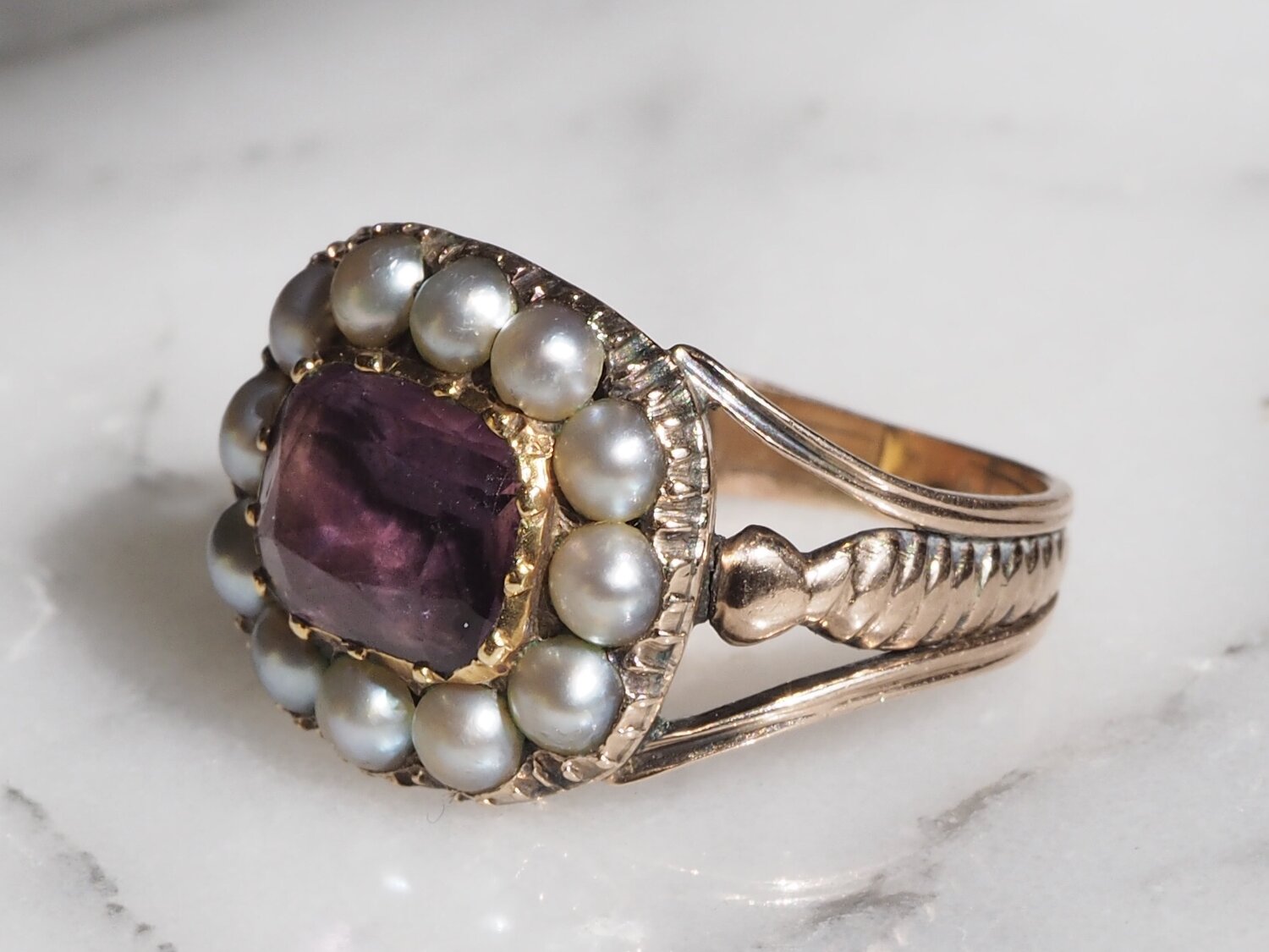 Antique Georgian 15k Gold Amethyst and Seed Pearl Ring