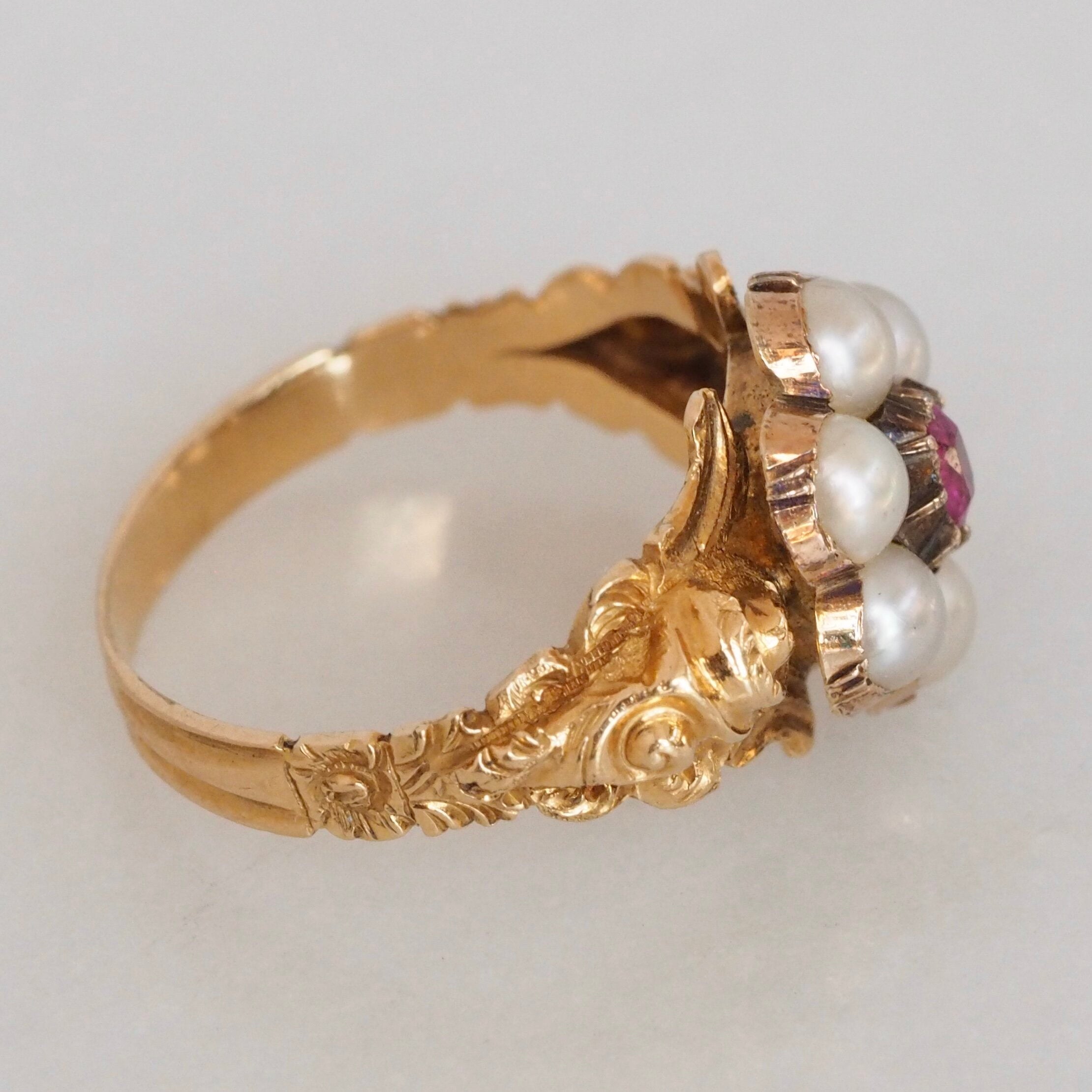 Antique Georgian 18k Gold Ruby and Pearl Halo Ring