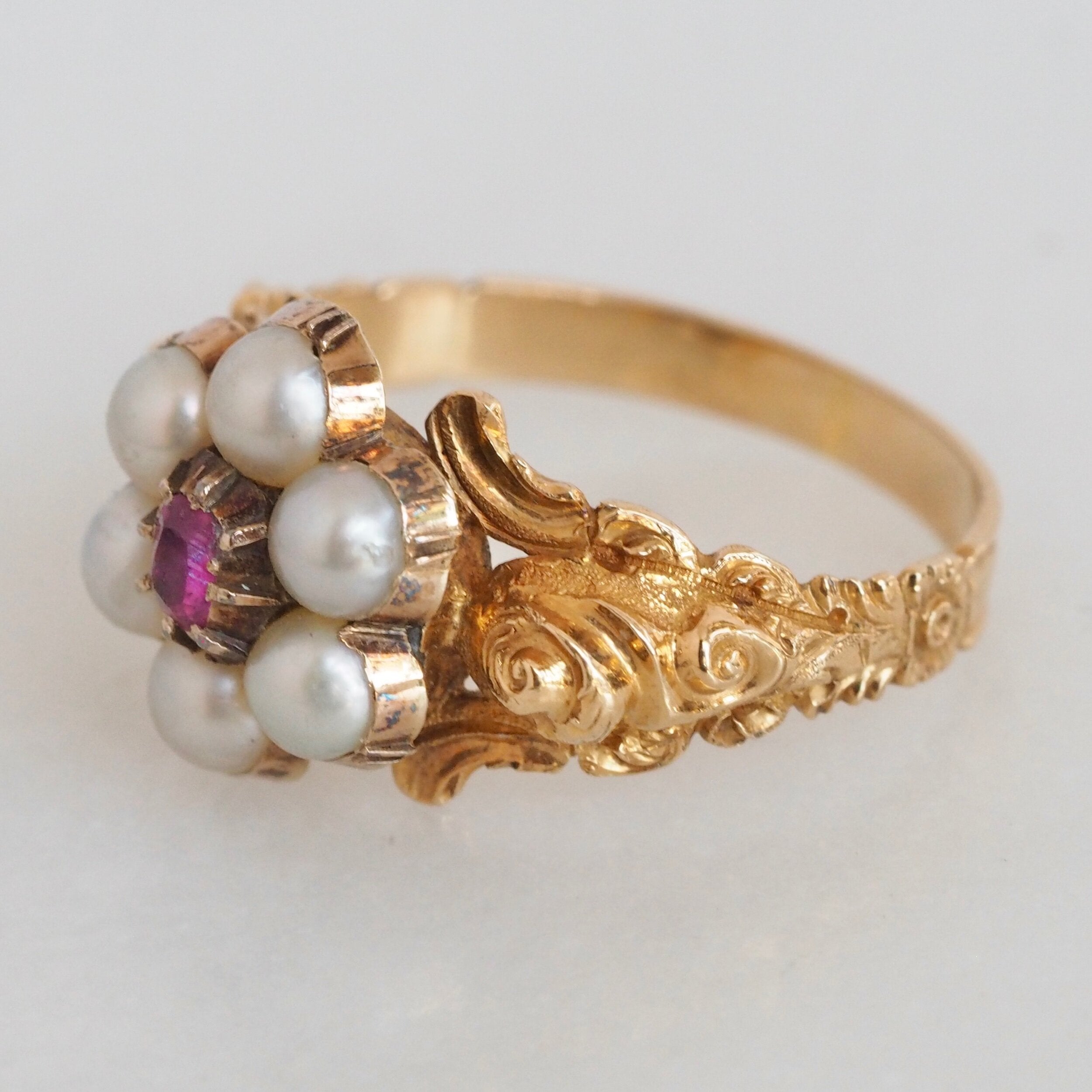 Antique Georgian 18k Gold Ruby and Pearl Halo Ring