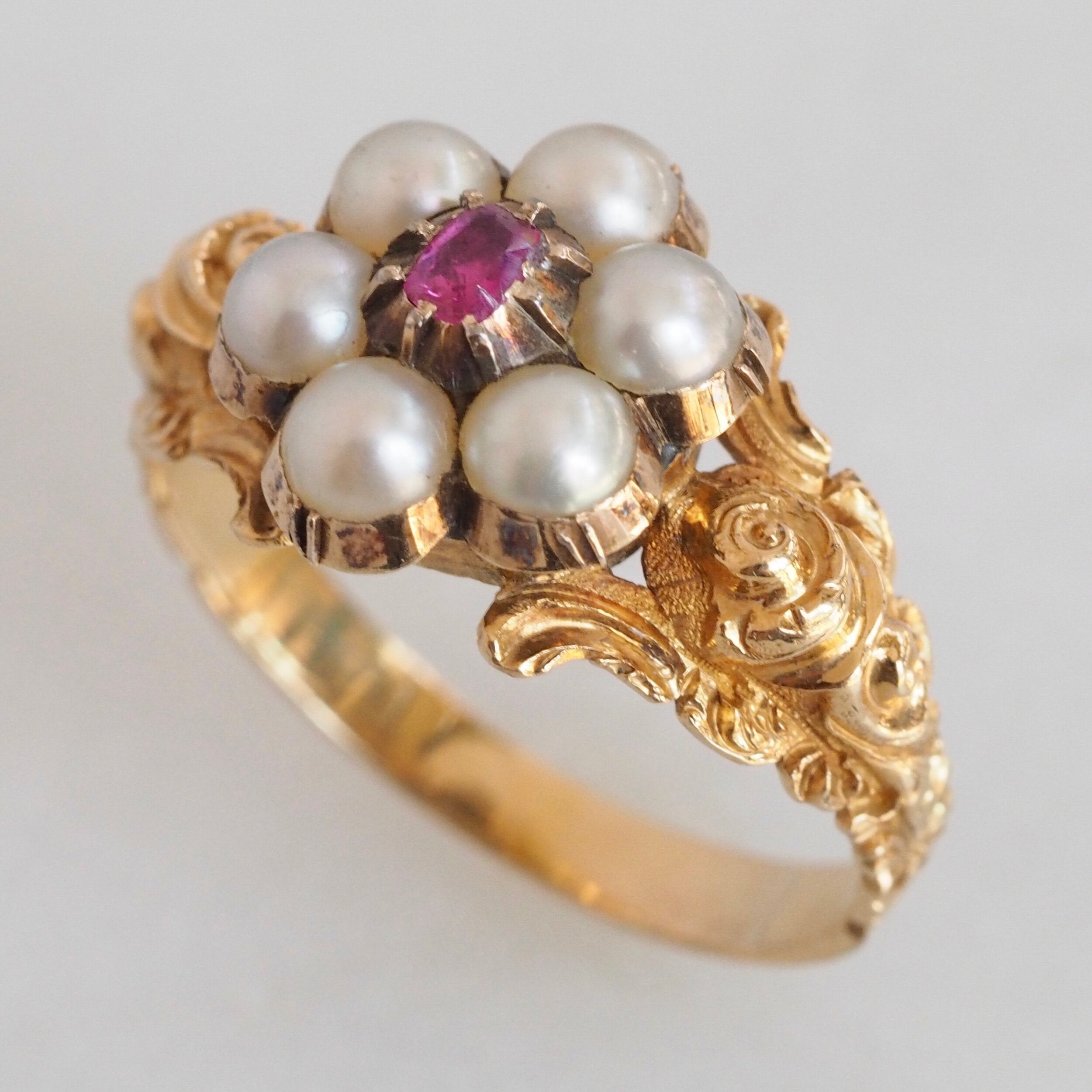 Antique Georgian 18k Gold Ruby and Pearl Halo Ring
