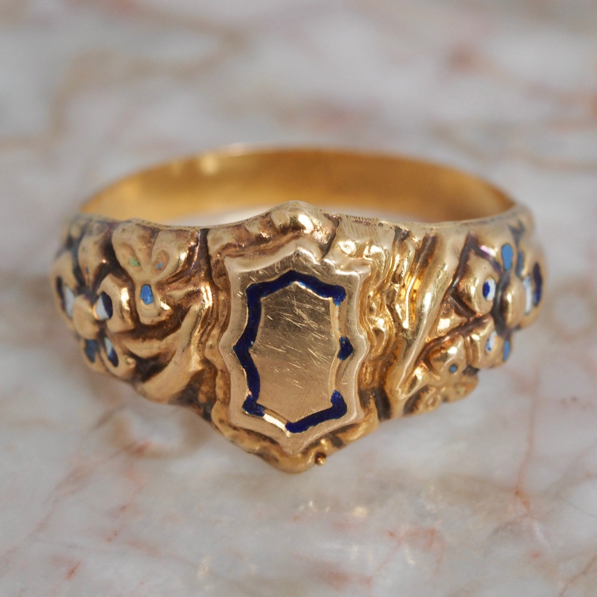 Blue enamel ring with gold detail size J - Carole Allen Jewellery