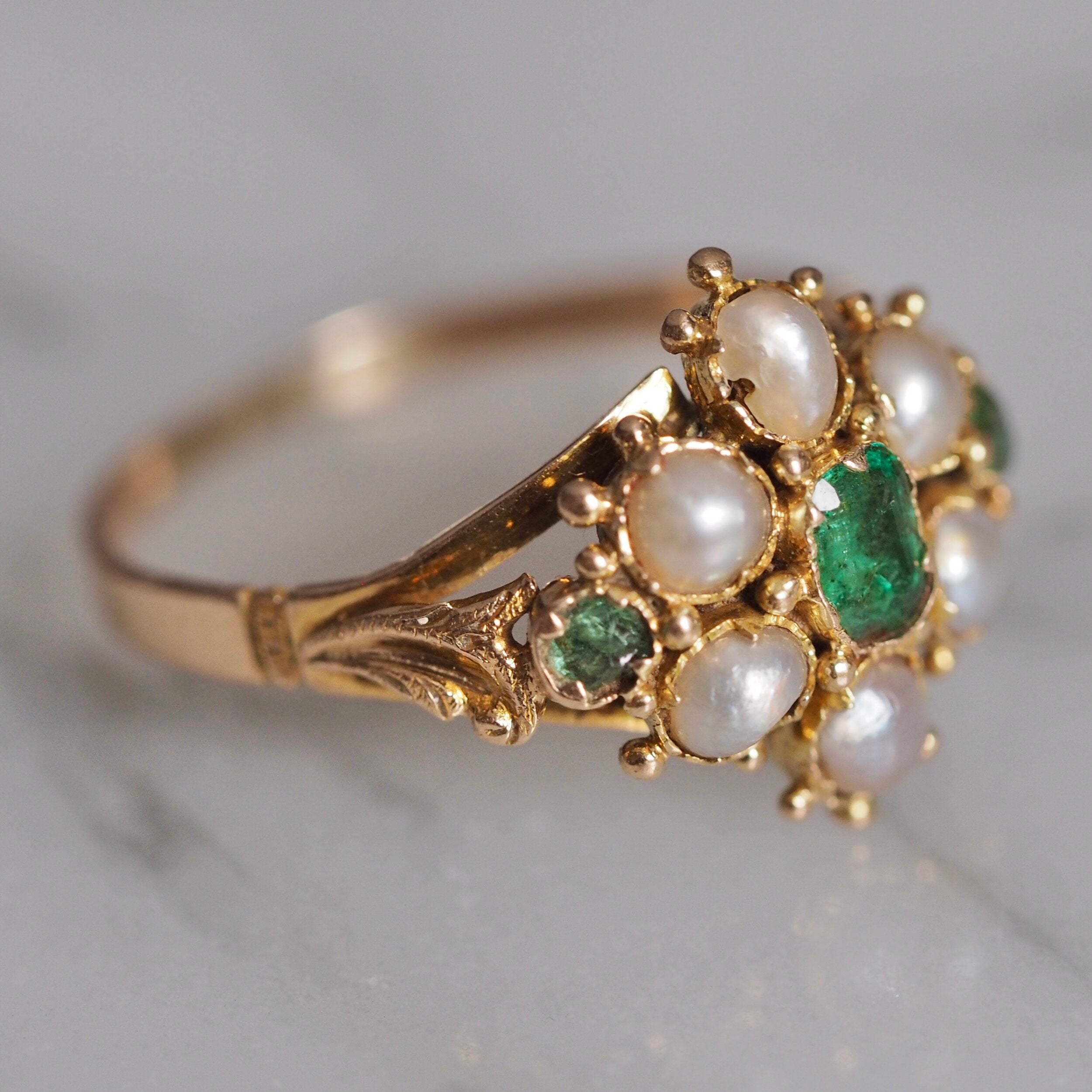 Antique Georgian c. 1820-1830 15k Gold Emerald and Natural Pearl Ring