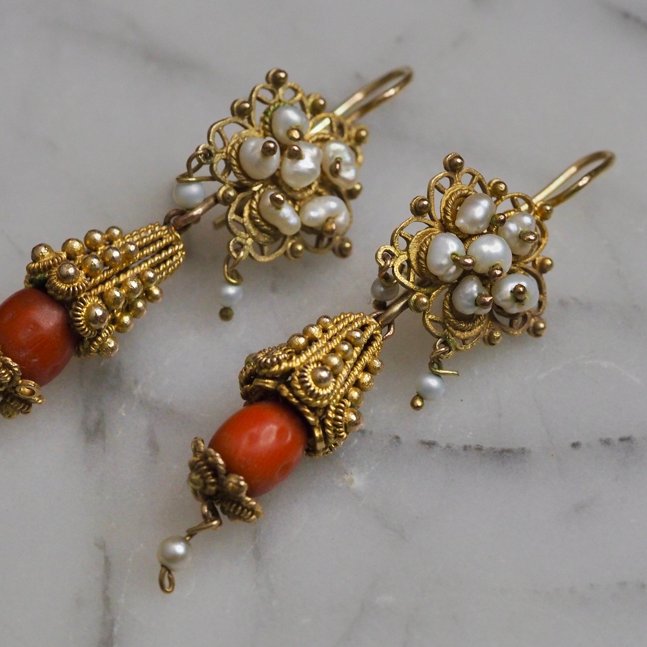 Early Victorian Coral 15k Gold Earrings - Victoria Sterling