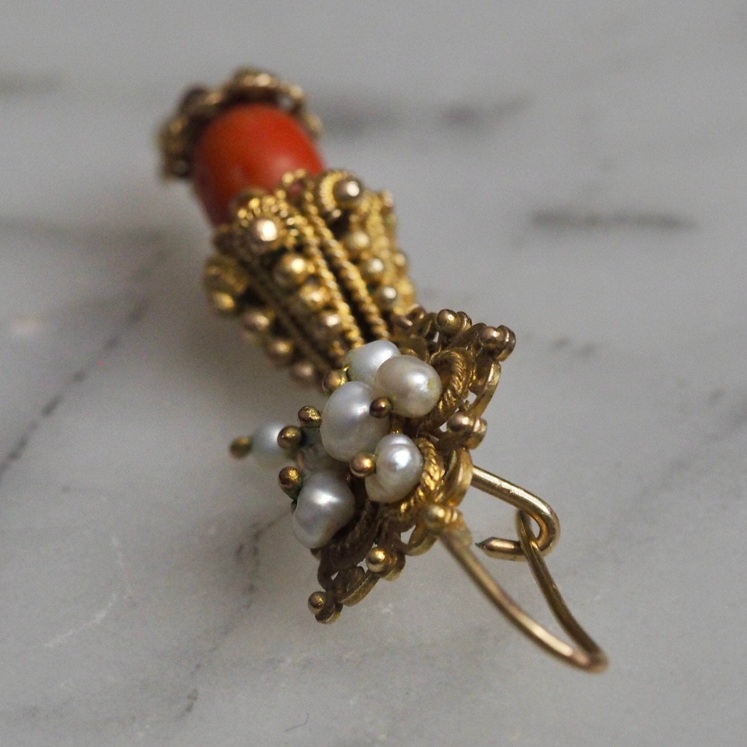 Antique Rare Mexican 10k Gold Cannetille Coral and Pearl Earrings from Oaxaca