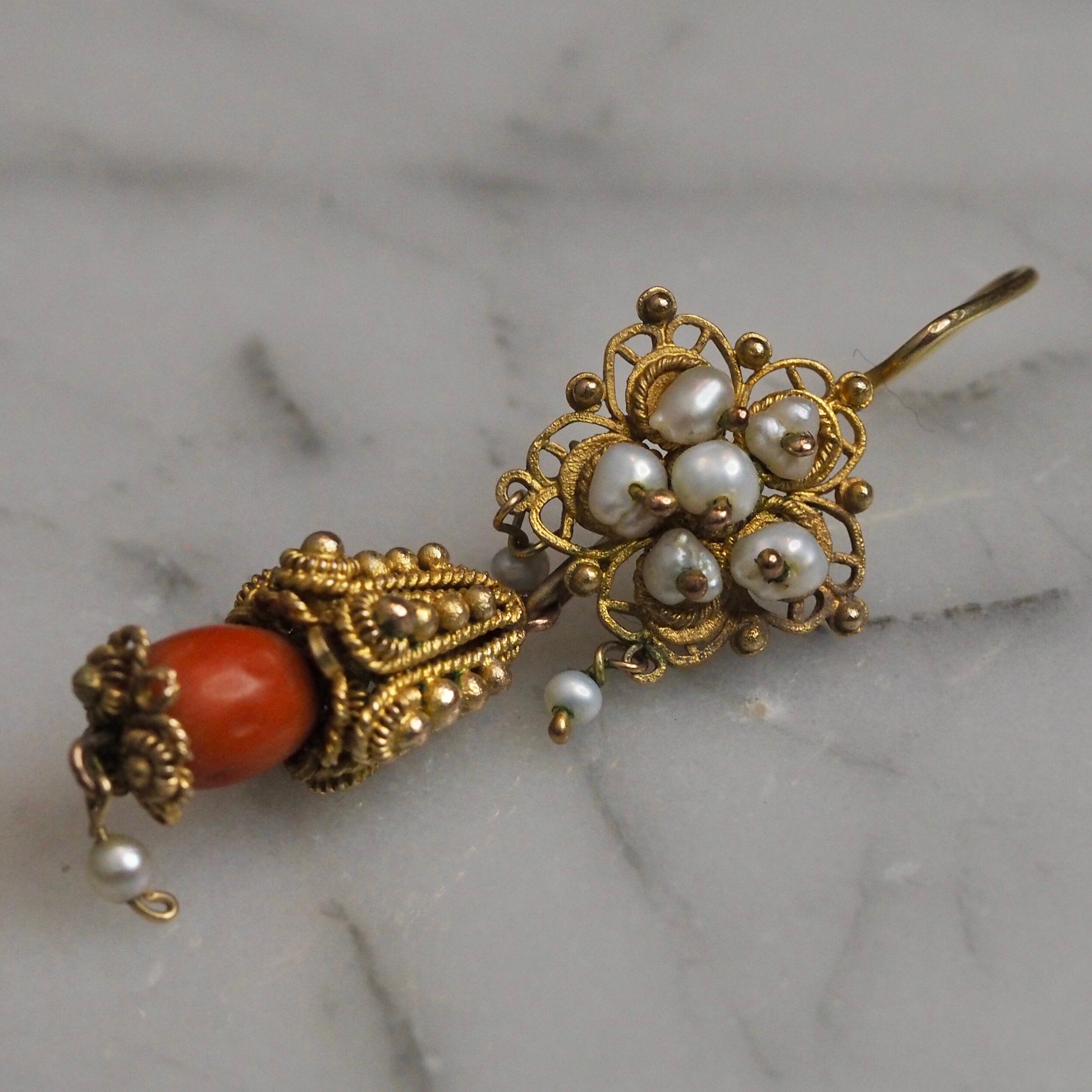 Antique Rare Mexican 10k Gold Cannetille Coral and Pearl Earrings from Oaxaca