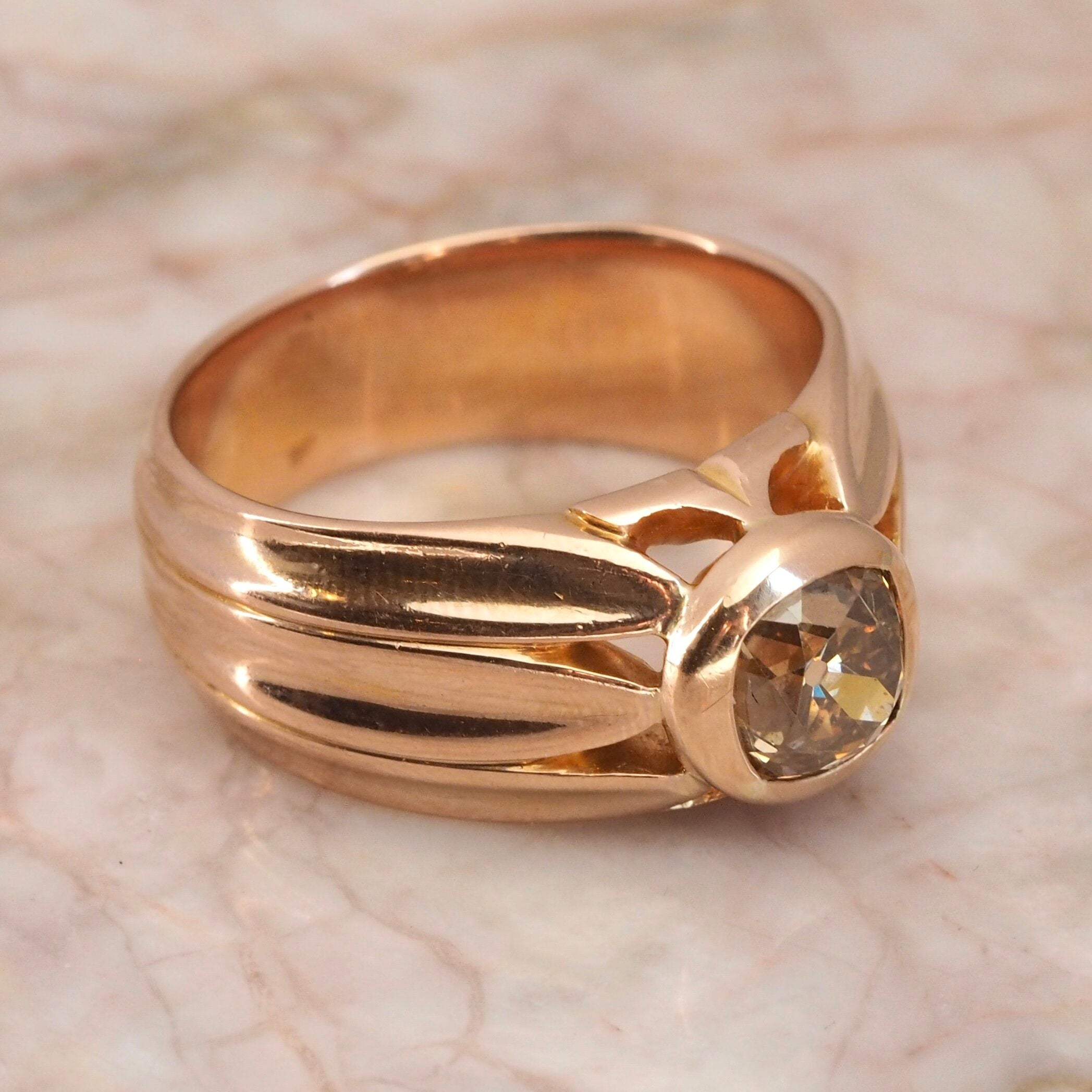 Antique Russian 18k Rose Gold Old Mine Cut DIamond Ring
