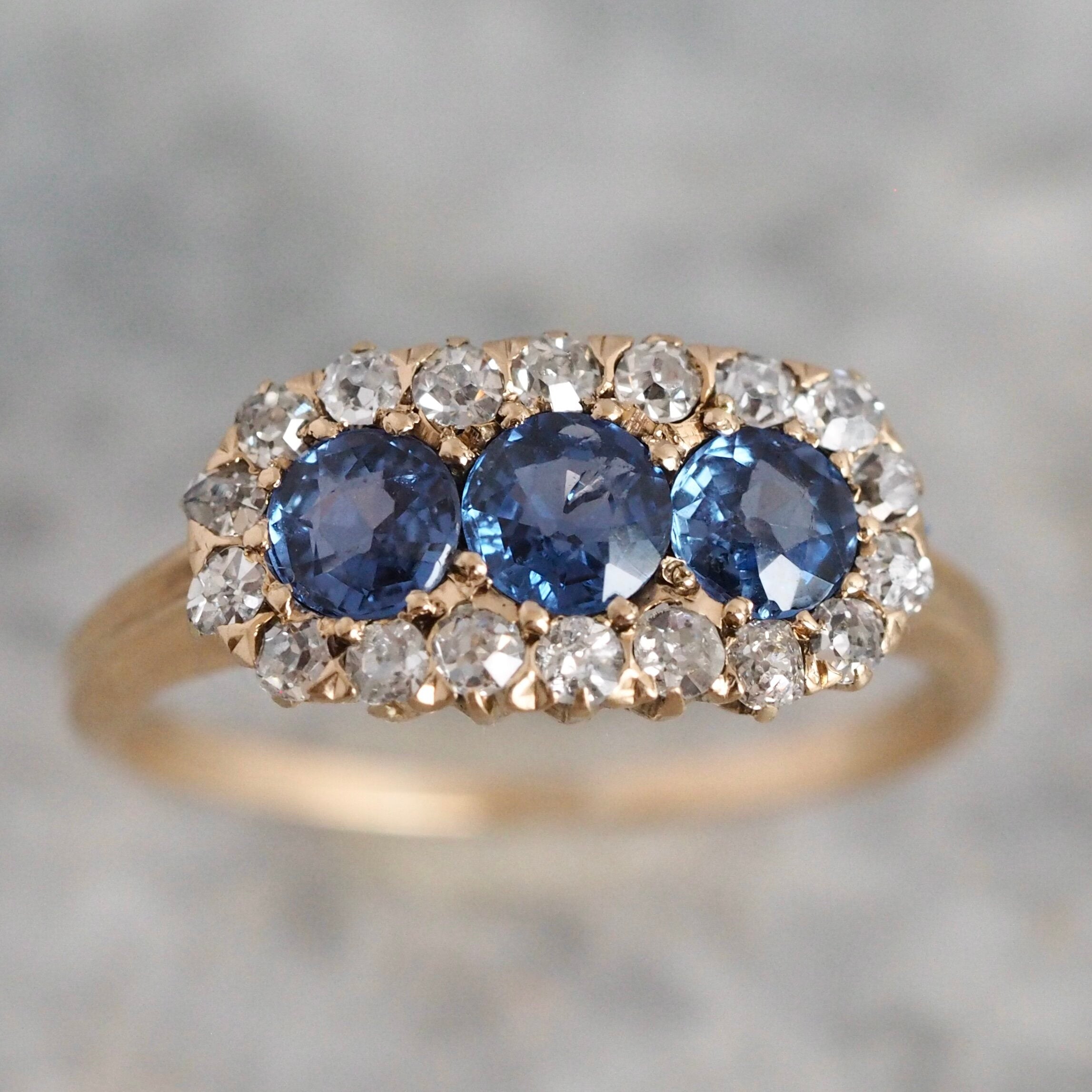 Antique Victorian 14k Gold Natural Sapphire and Old Mine Cut Diamond Ring