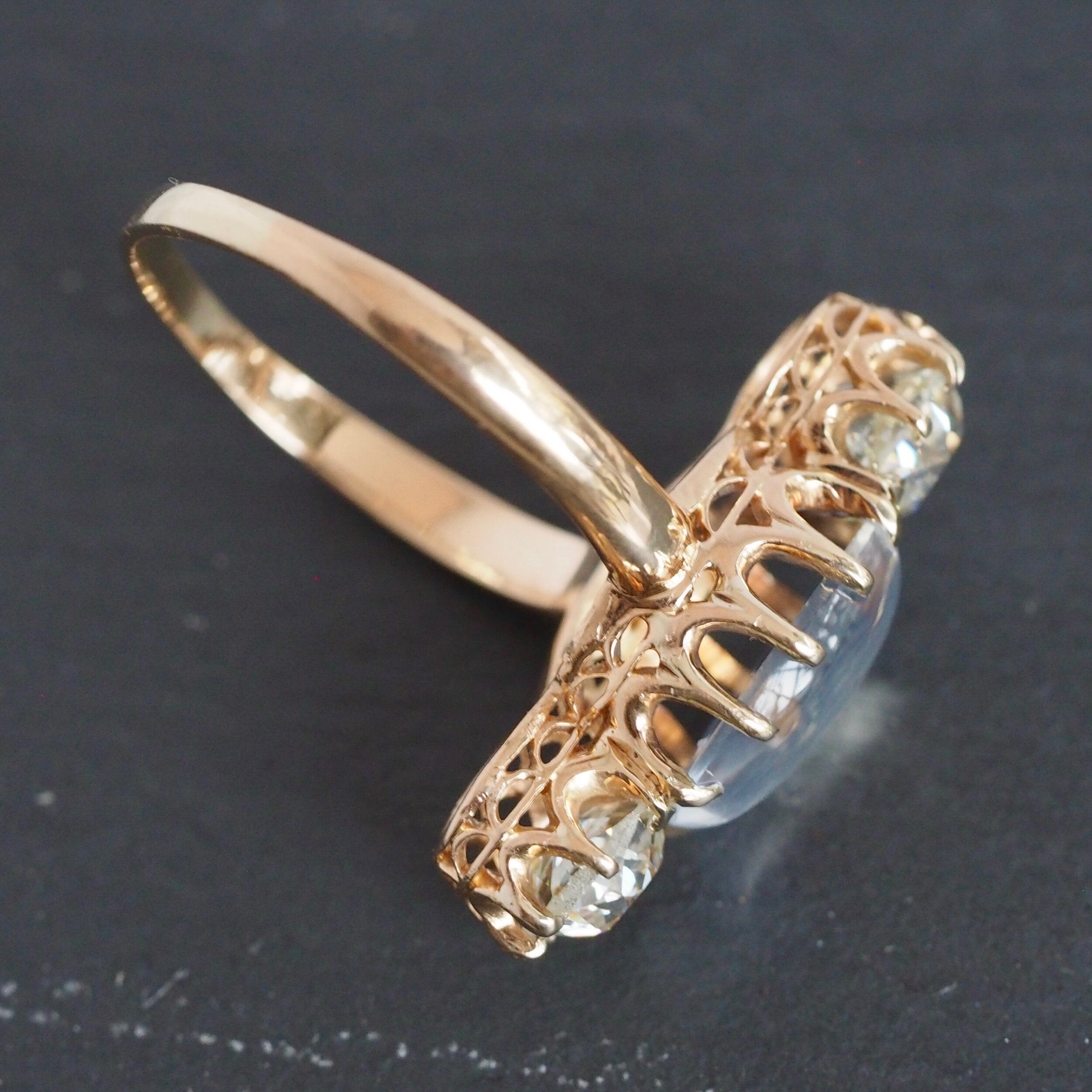 Antique Victorian 14k Gold Ring Paired with Two Old Mine Cut Diamonds and Moonstone