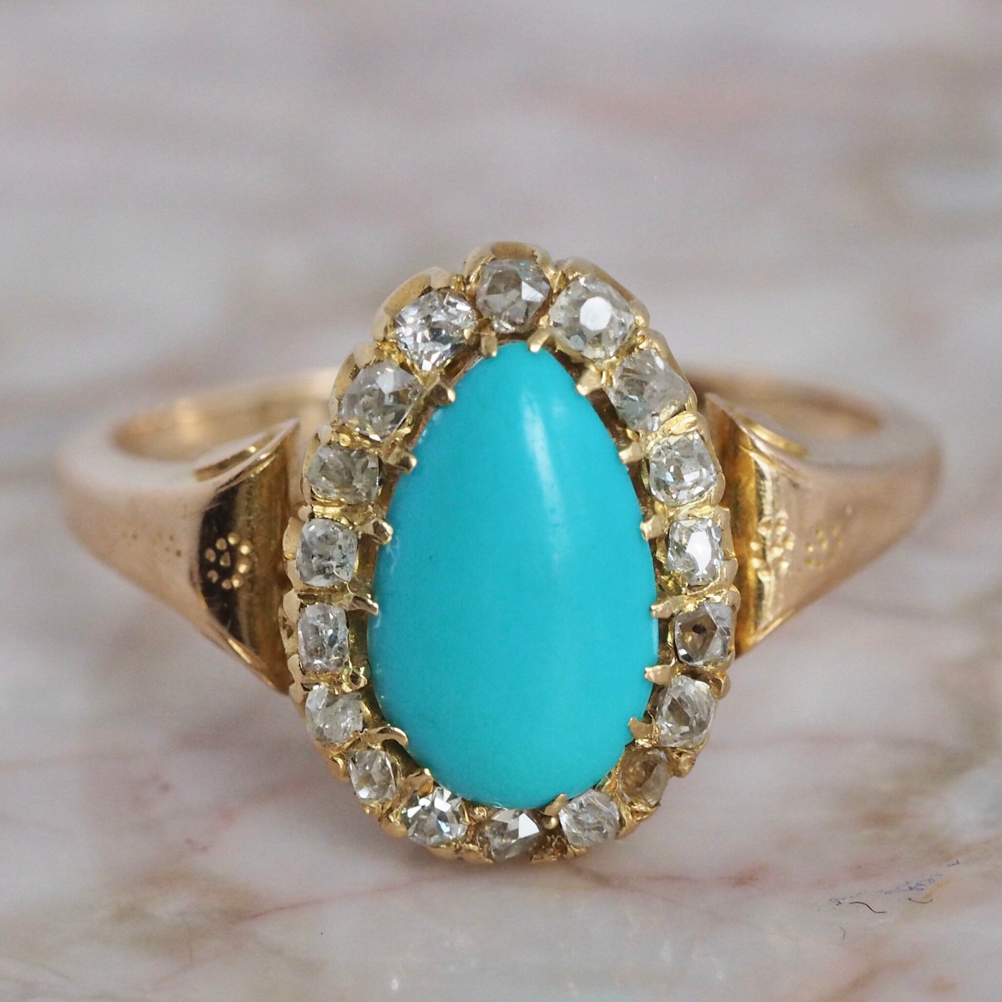 Antique Victorian 14k Turquoise Diamond Halo Ring