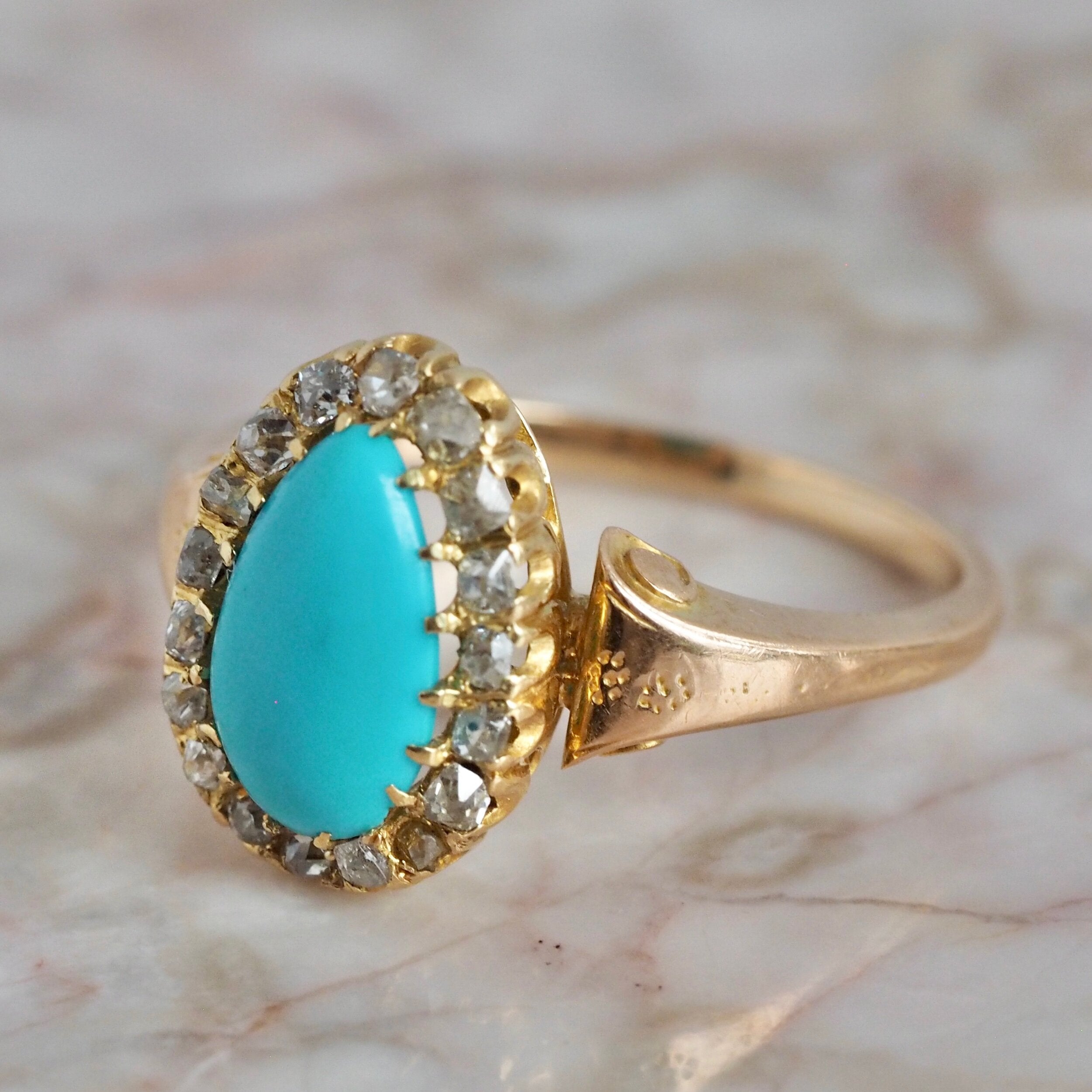 Antique Victorian 14k Turquoise Diamond Halo Ring