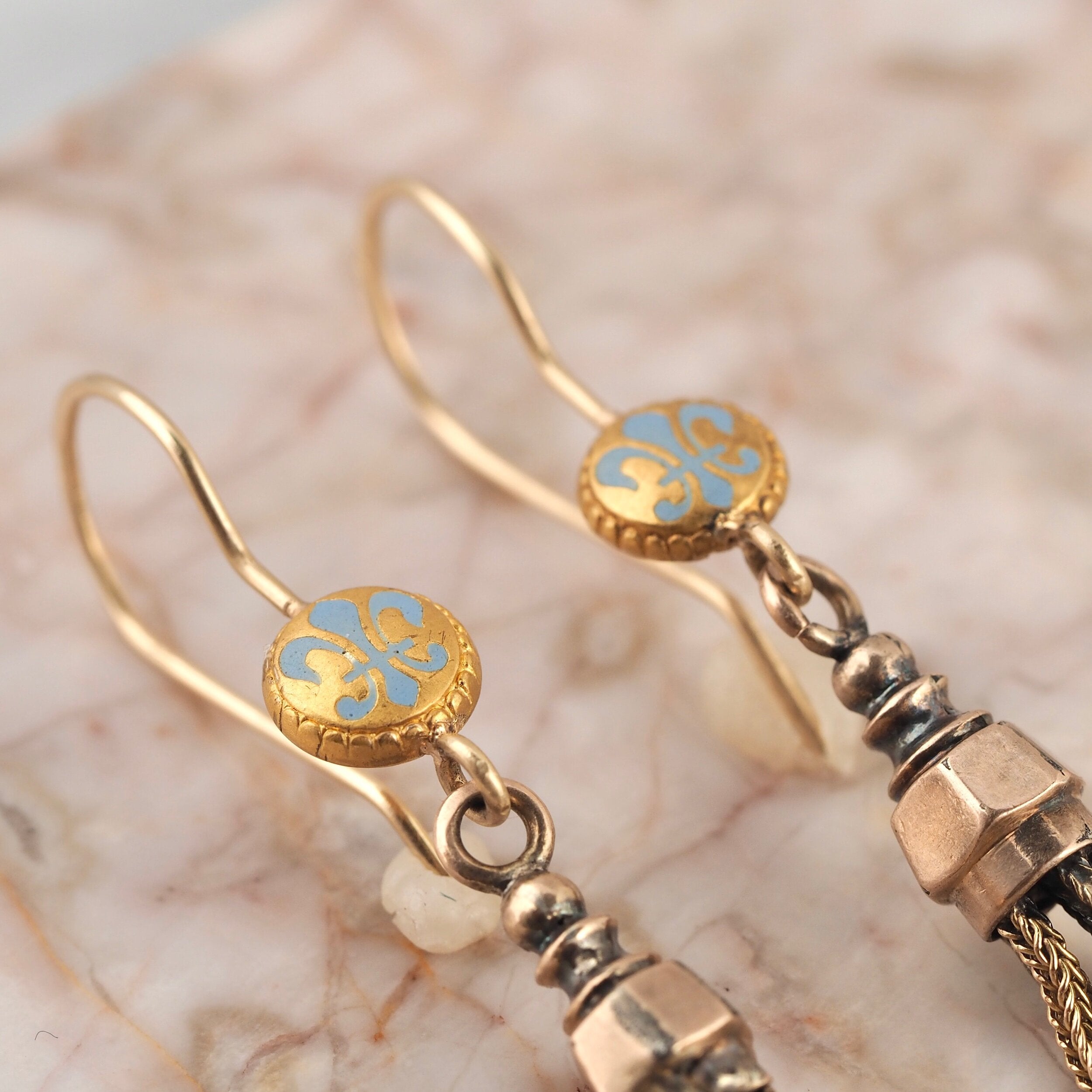 Antique Victorian 14k and 18k Gold Enamel Fleur de Lis Tassel Earrings