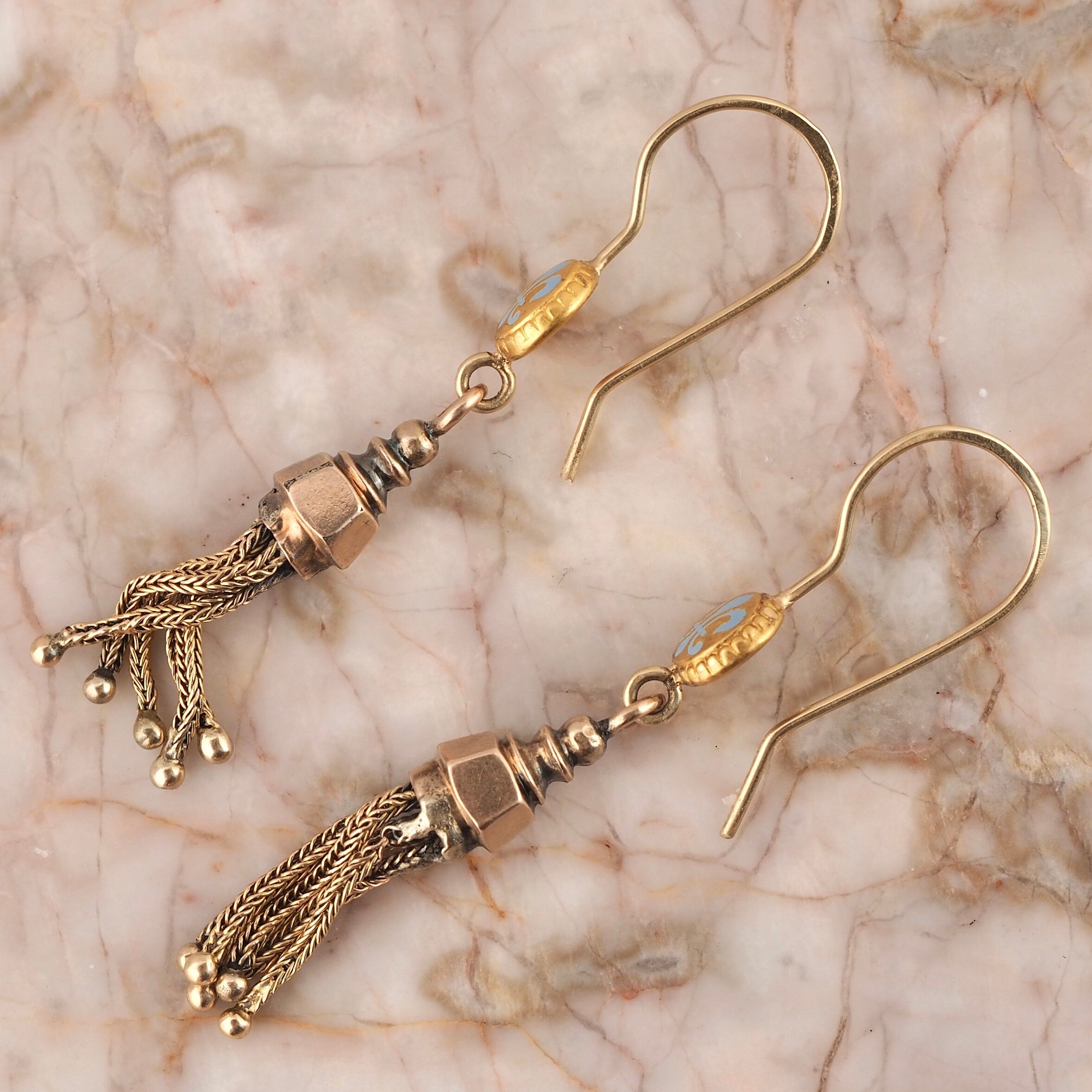Antique Victorian 14k and 18k Gold Enamel Fleur de Lis Tassel Earrings