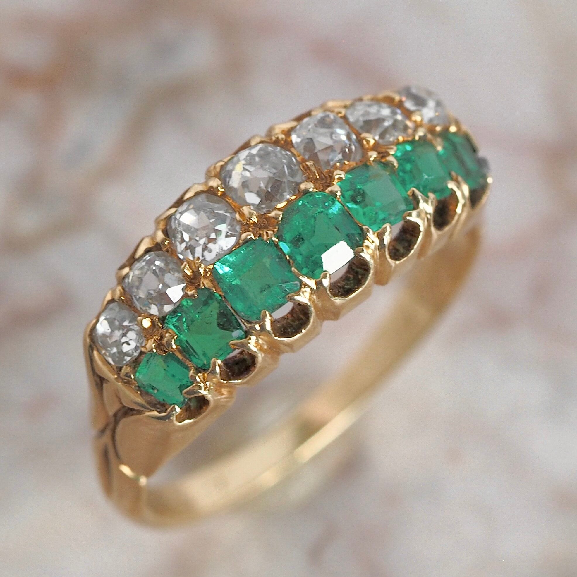 Antique Victorian 18k Gold Emerald and Diamond Double Half Hoop Ring