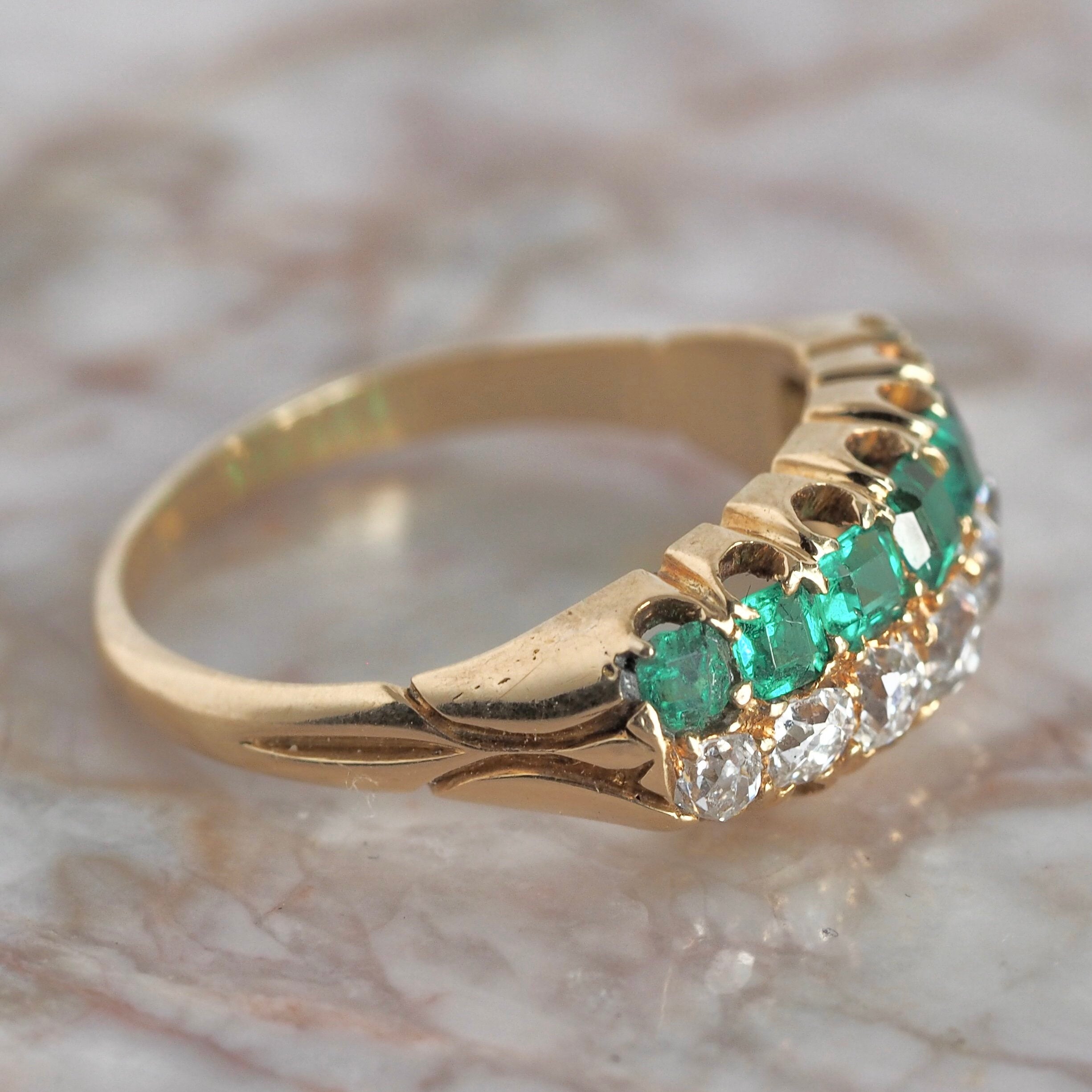 Antique Victorian 18k Gold Emerald and Diamond Double Half Hoop Ring