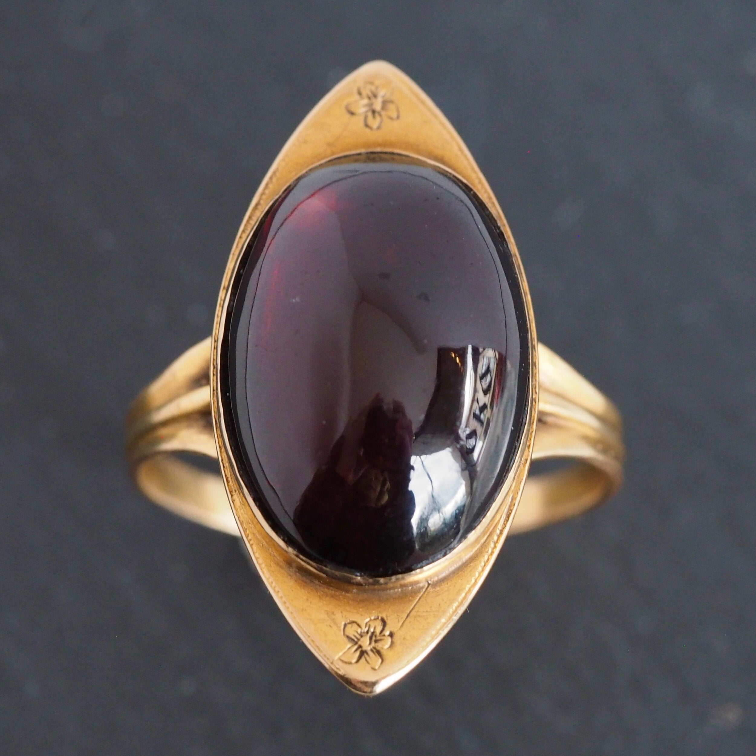 Antique Victorian 18k Gold Foiled Garnet Navette Ring
