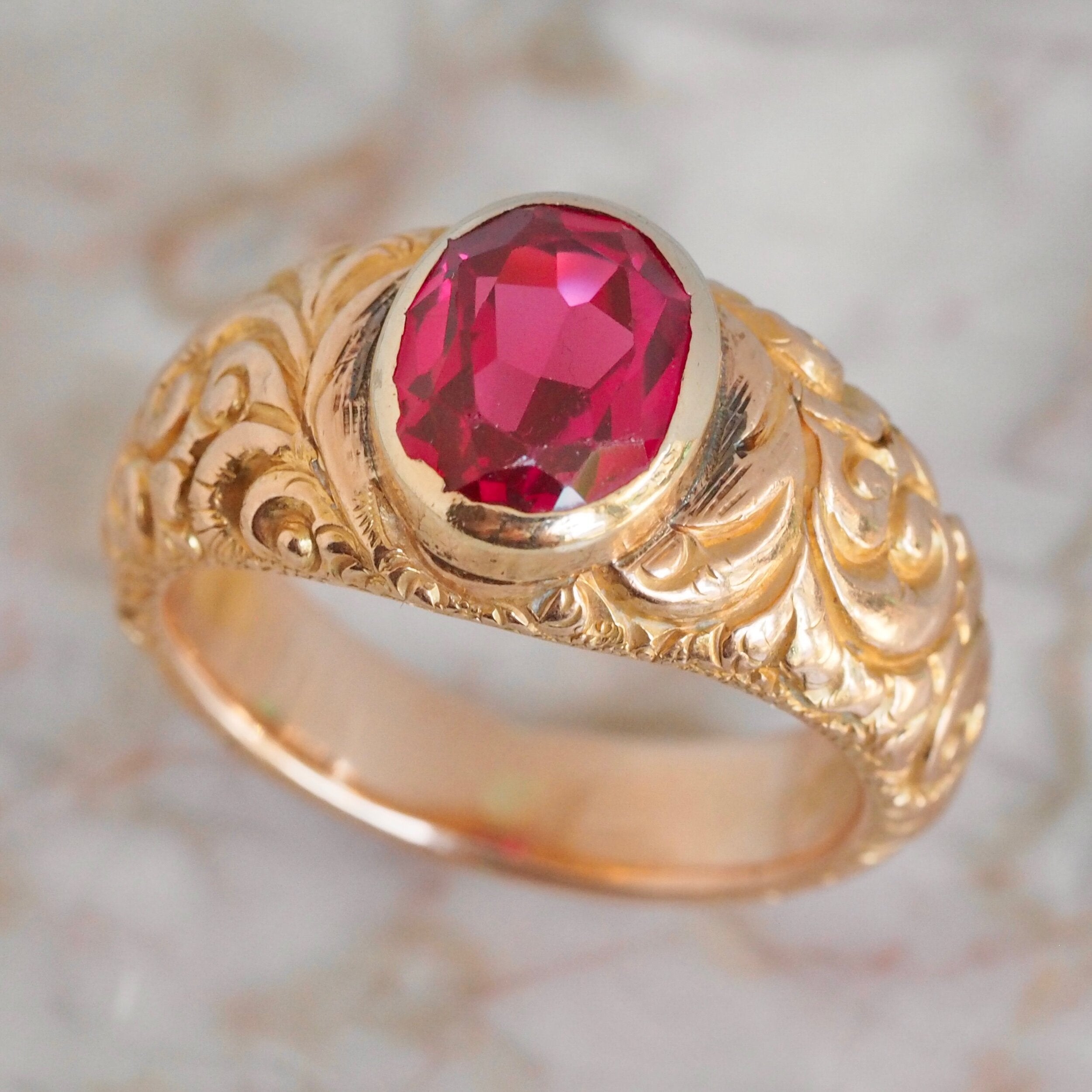 Antique Victorian Engraved 14k Gold Bezel Set Ruby Ring