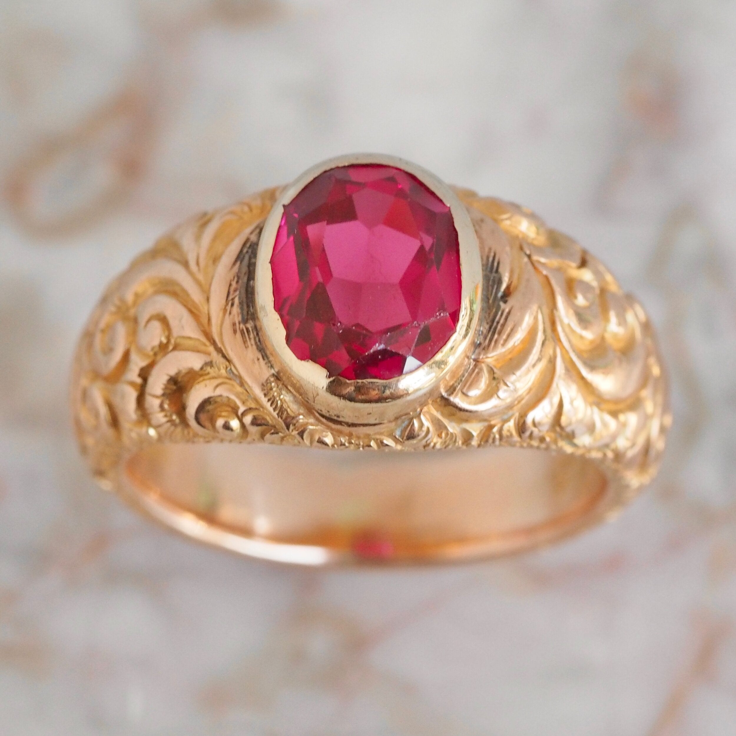 Antique Victorian Engraved 14k Gold Bezel Set Ruby Ring