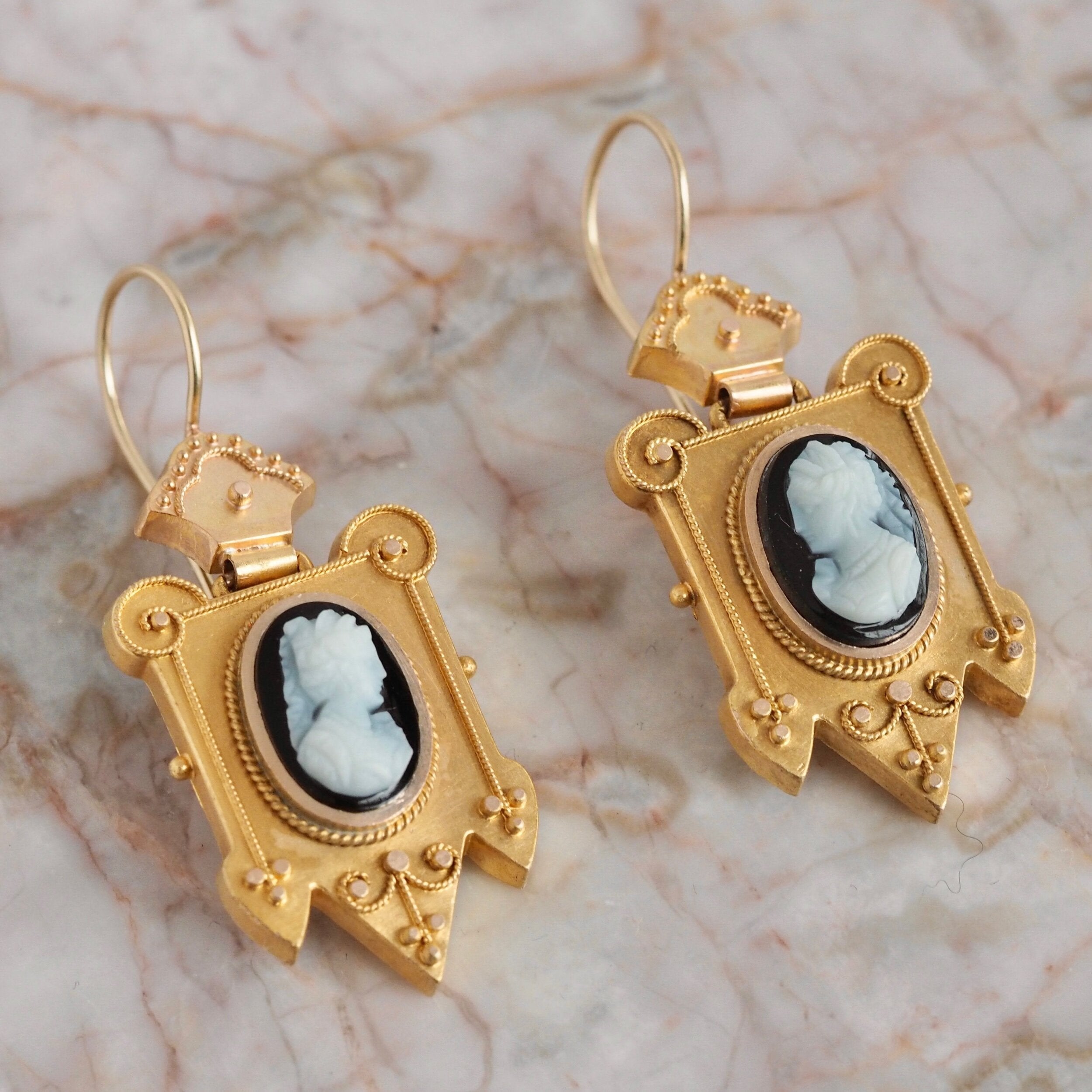 Antique Victorian Etruscan Revival 14k Gold Hardstone Cameo Earrings