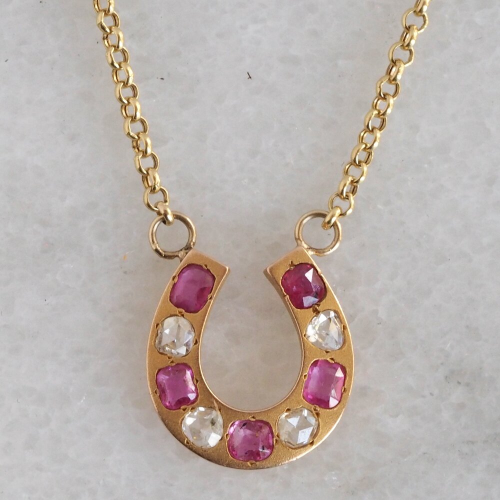 Antique Victorian French 18k Gold Ruby and Rose Cut Diamond Horseshoe Necklace