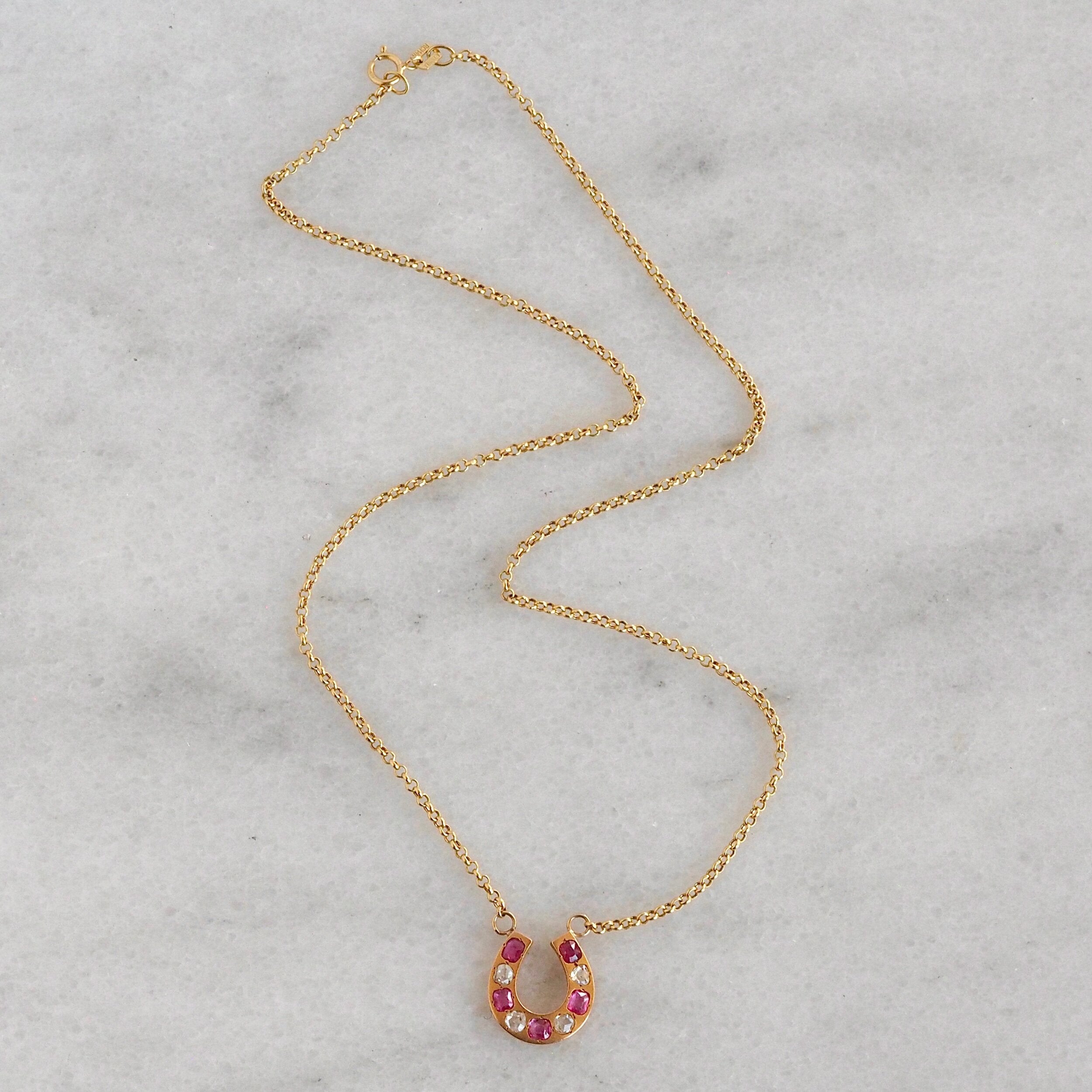 Antique Victorian French 18k Gold Ruby and Rose Cut Diamond Horseshoe Necklace