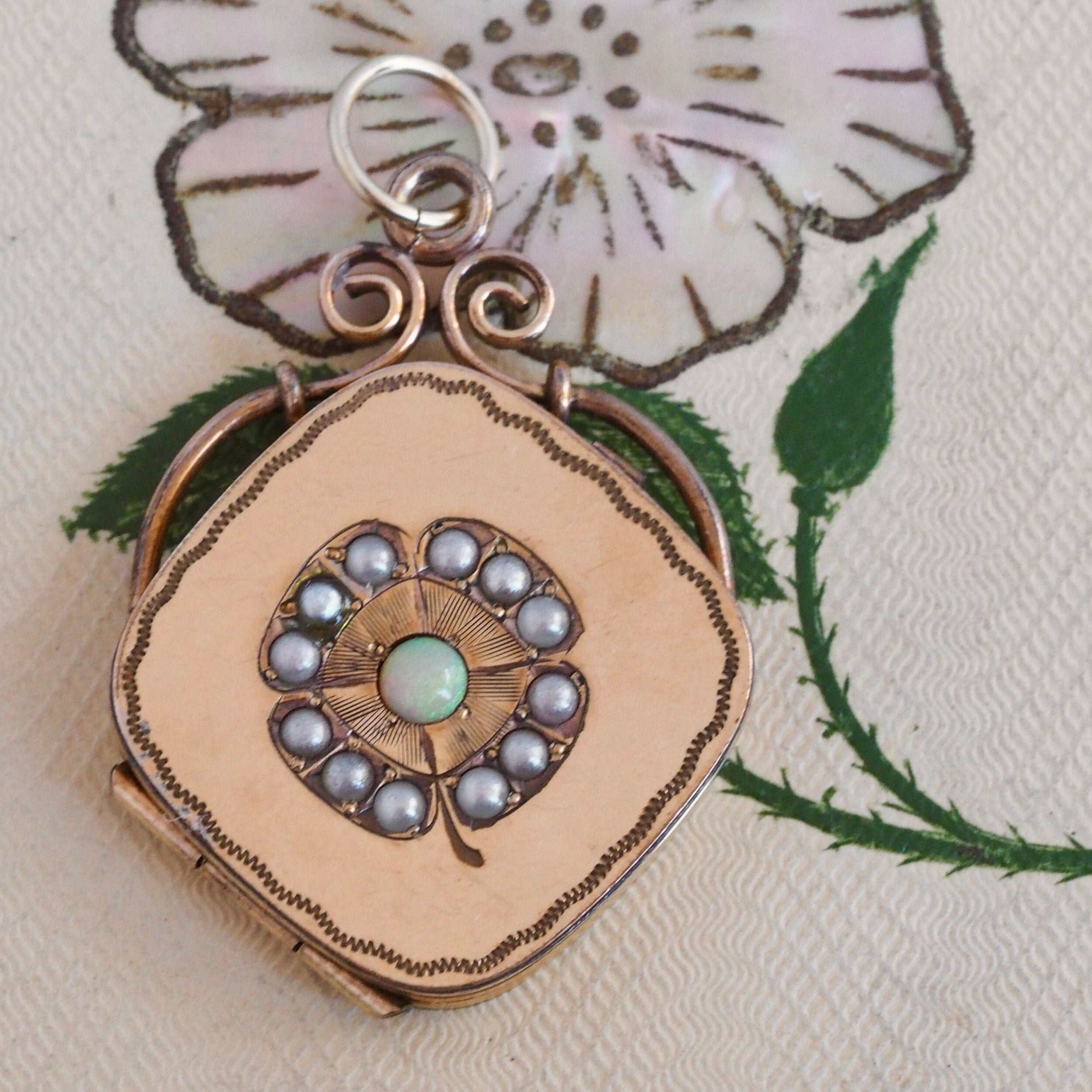 Antique Victorian Gold Back & Front Seed Pearl and Natural Opal Locket