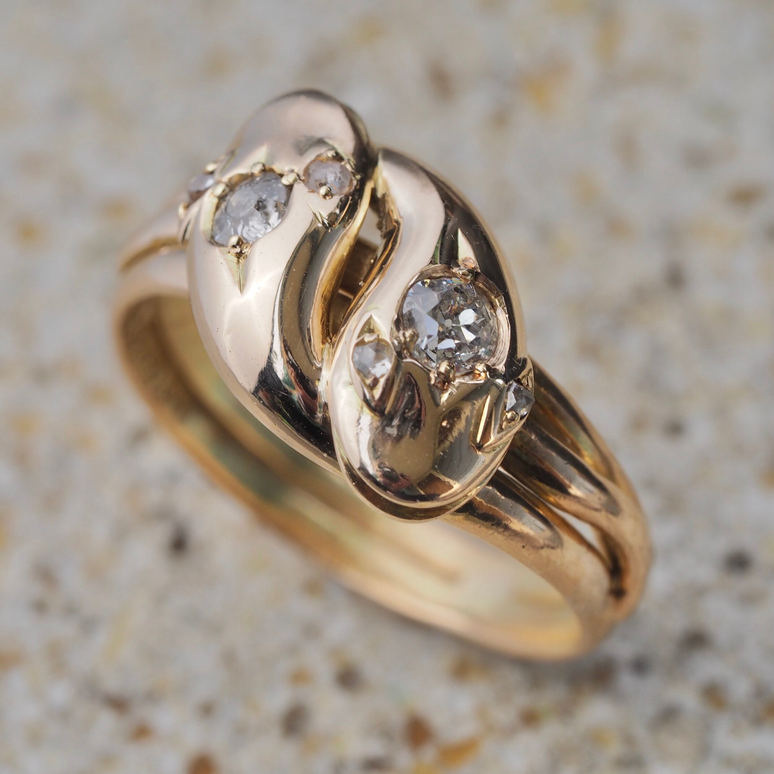Antique Victorian c. 1890 15k Gold Old Mine Cut Diamond Double Snake Ring