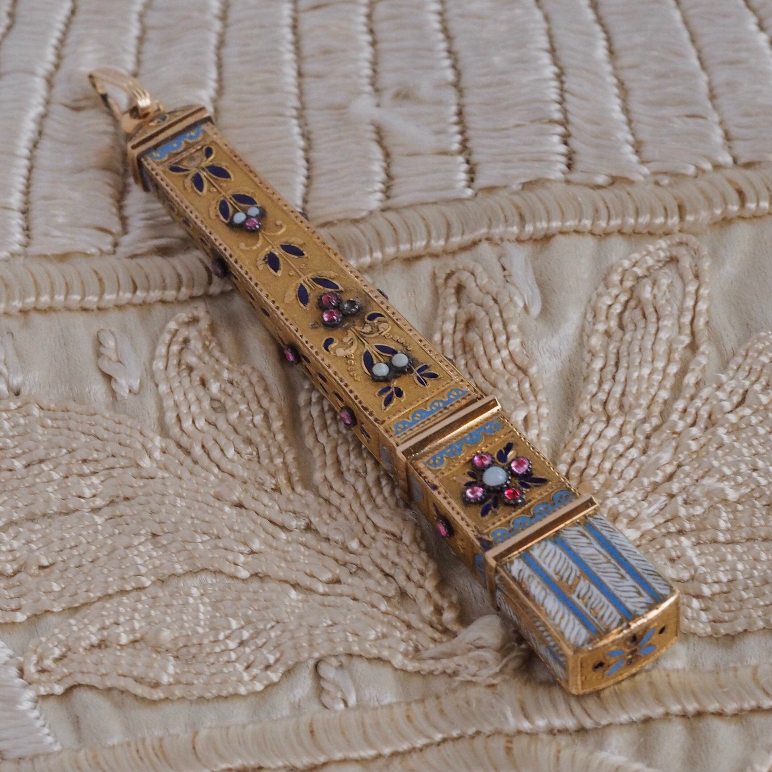 Antique c. 1838-1864 French Egyptian Revival 18k Gold Ruby and Opaline Obelisk Pendant