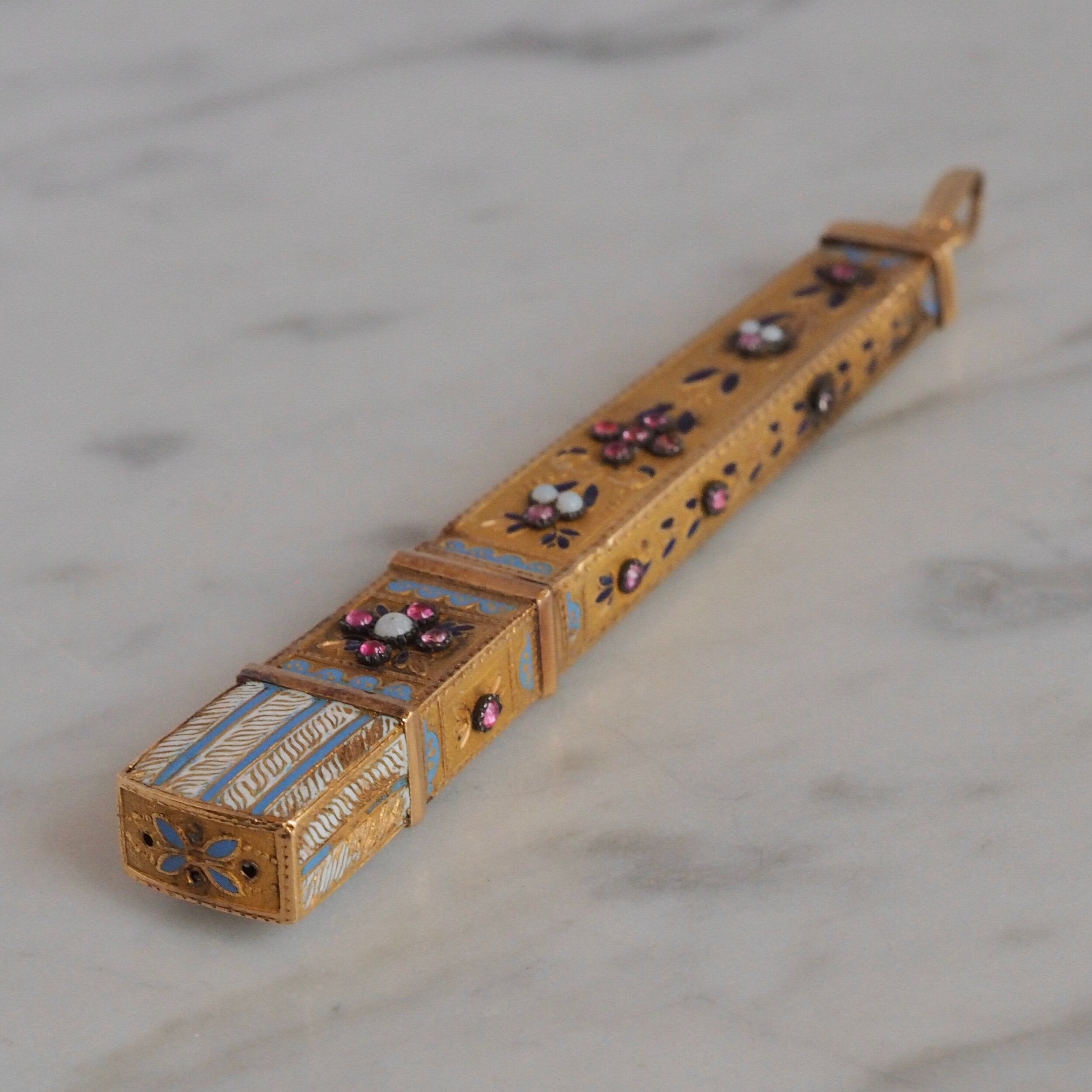 Antique c. 1838-1864 French Egyptian Revival 18k Gold Ruby and Opaline Obelisk Pendant