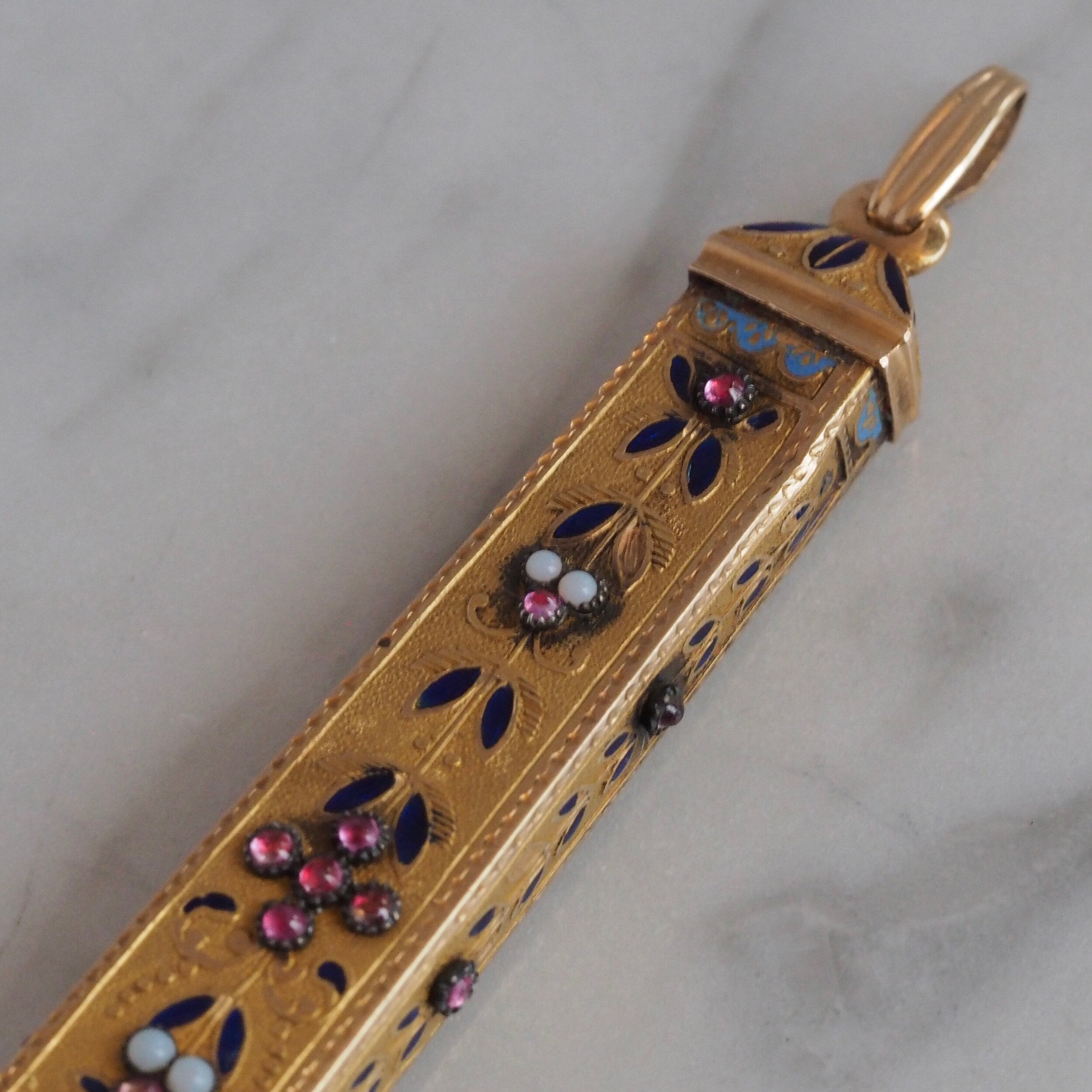 Antique c. 1838-1864 French Egyptian Revival 18k Gold Ruby and Opaline Obelisk Pendant