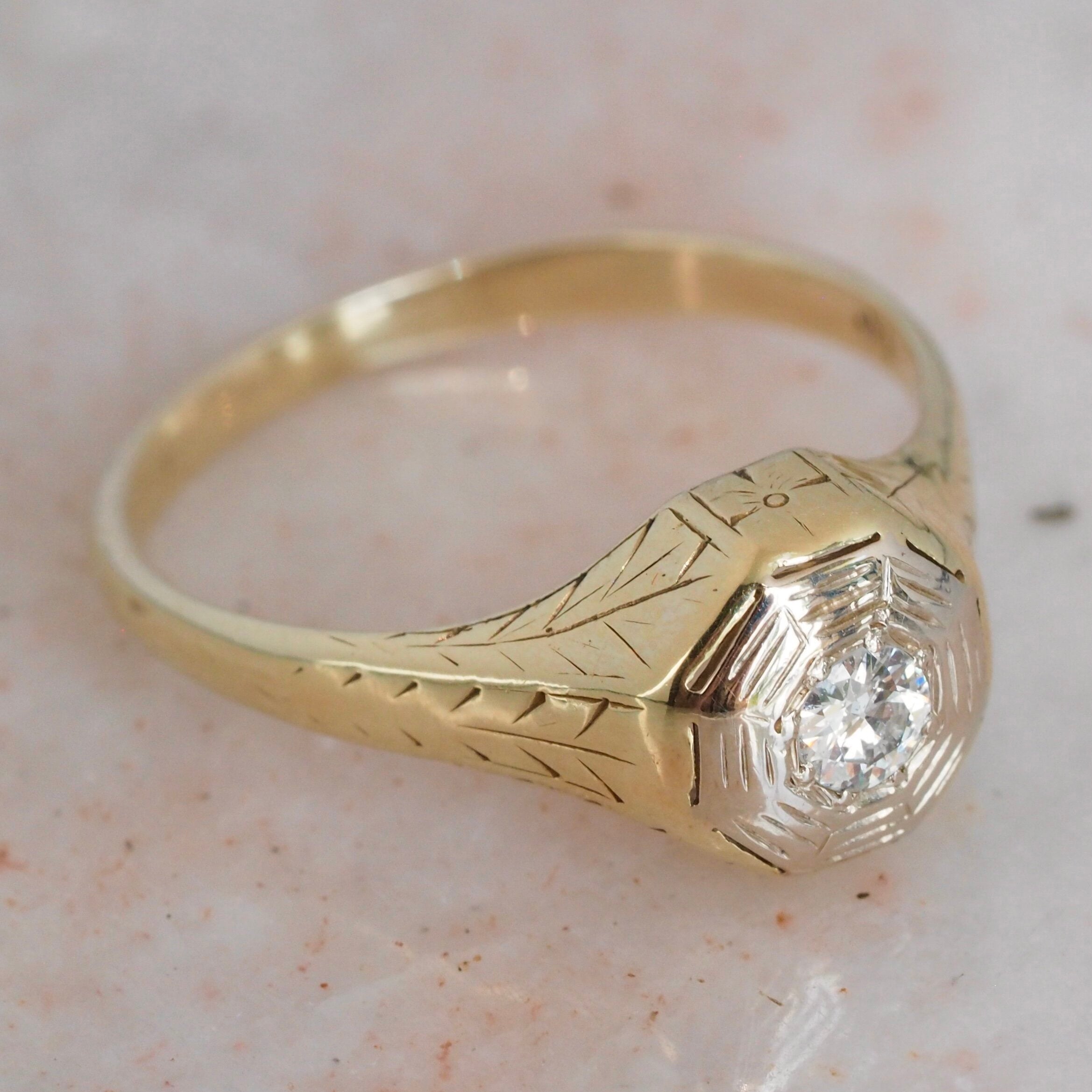 Art Deco 14k Gold Old European Cut Diamond Ring