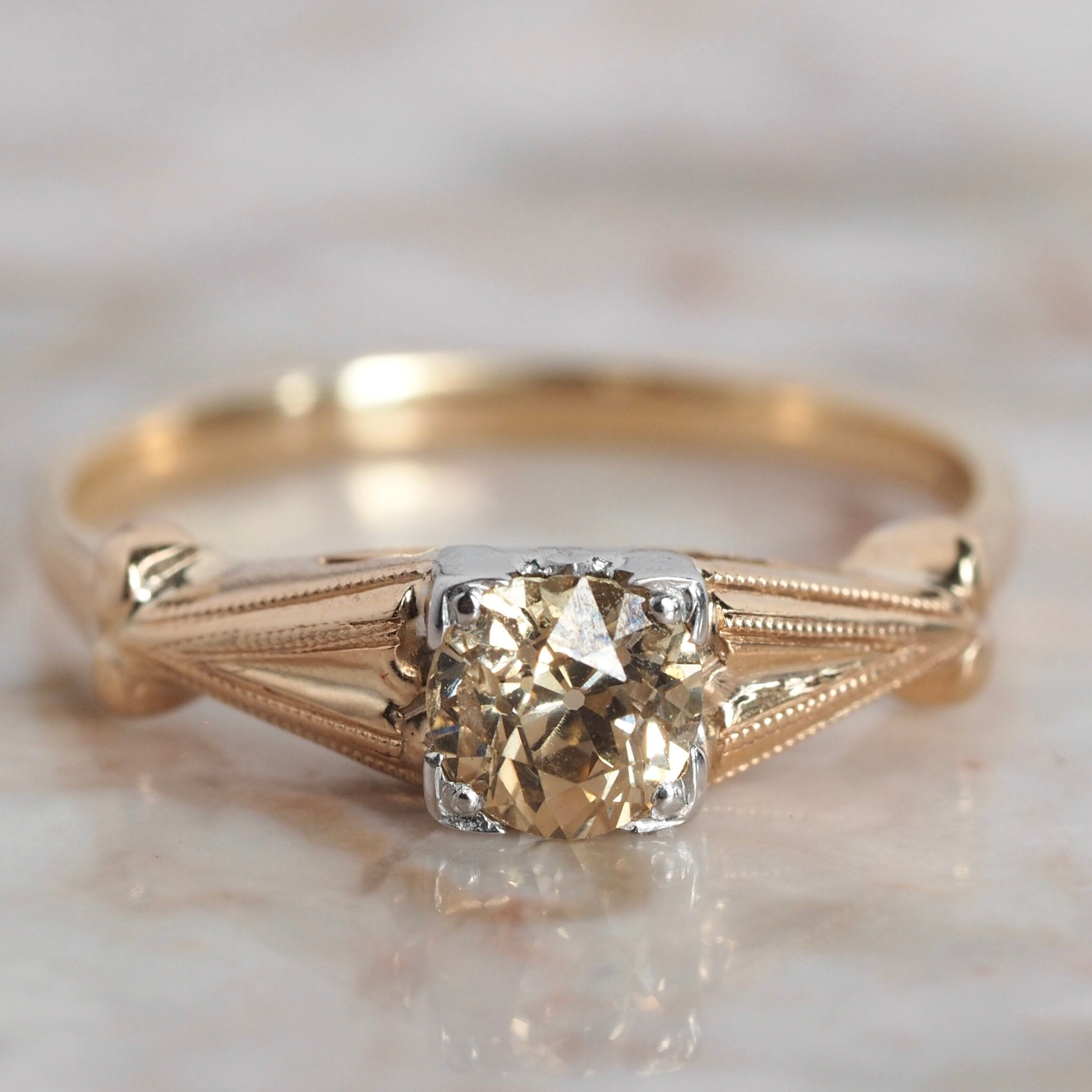 Art Deco 14k Gold Yellow Diamond Solitaire Ring