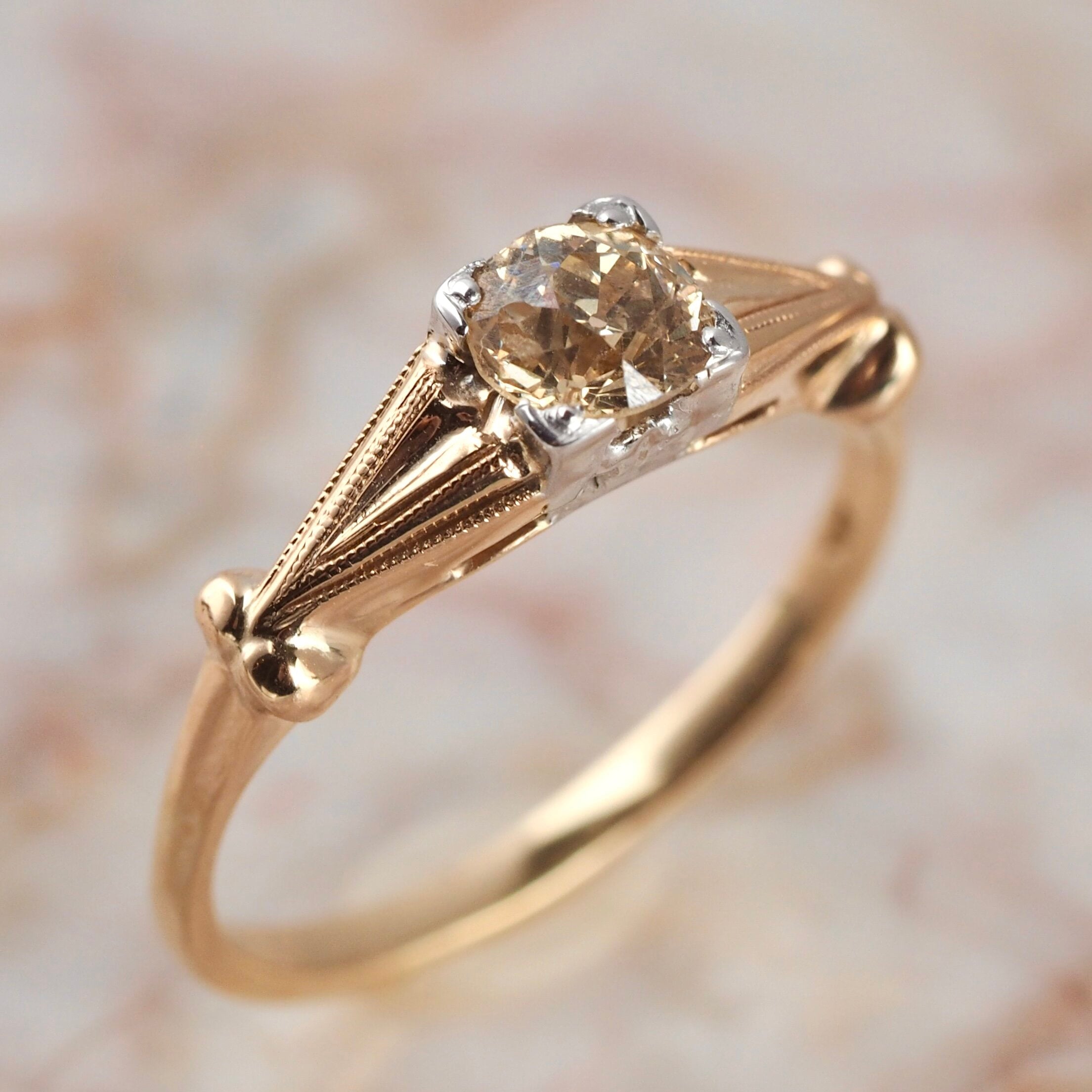 Art Deco 14k Gold Yellow Diamond Solitaire Ring