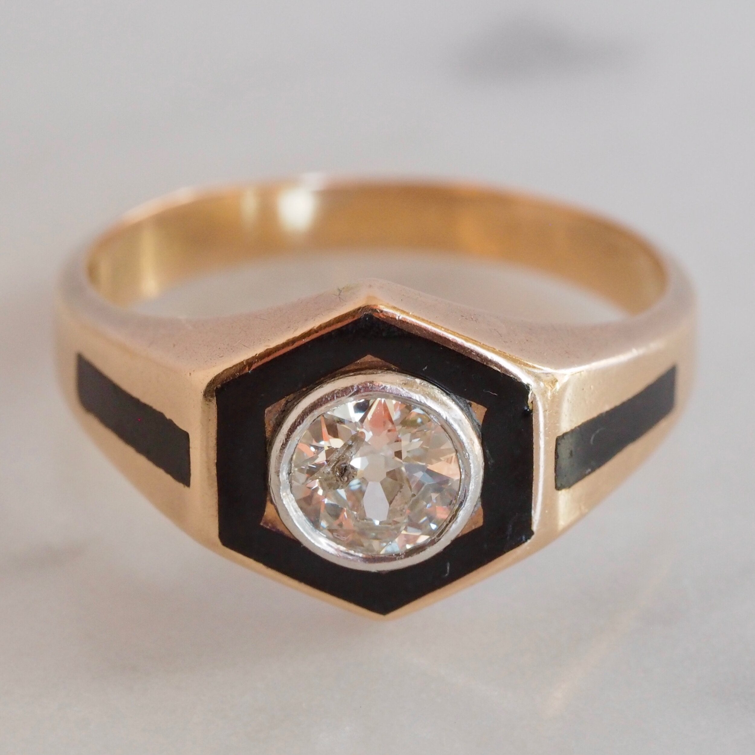 Art Deco 14k Gold and Enamel Old European Cut Diamond Ring with Enamel
