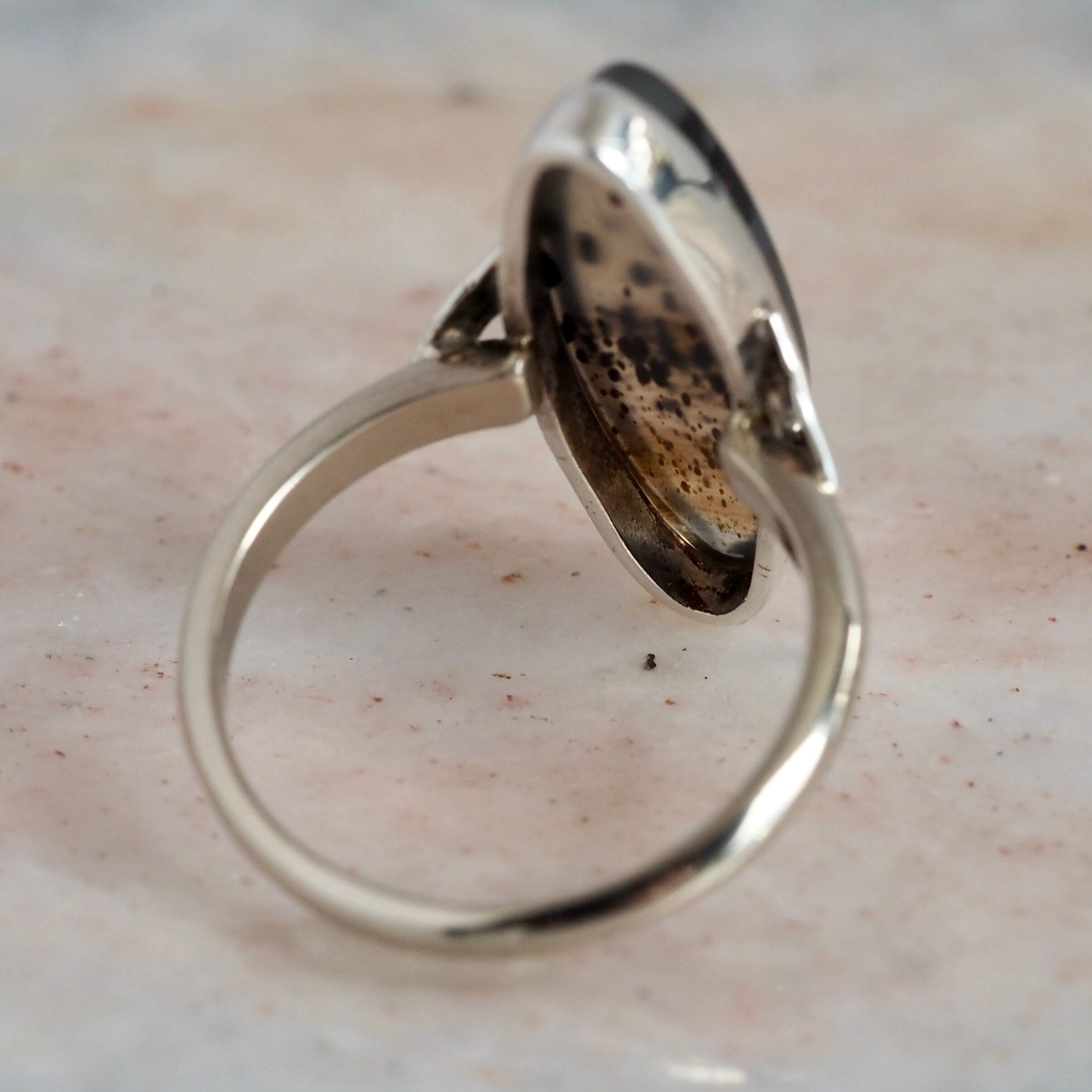 Art Deco 14k White Gold Agate Navette Ring
