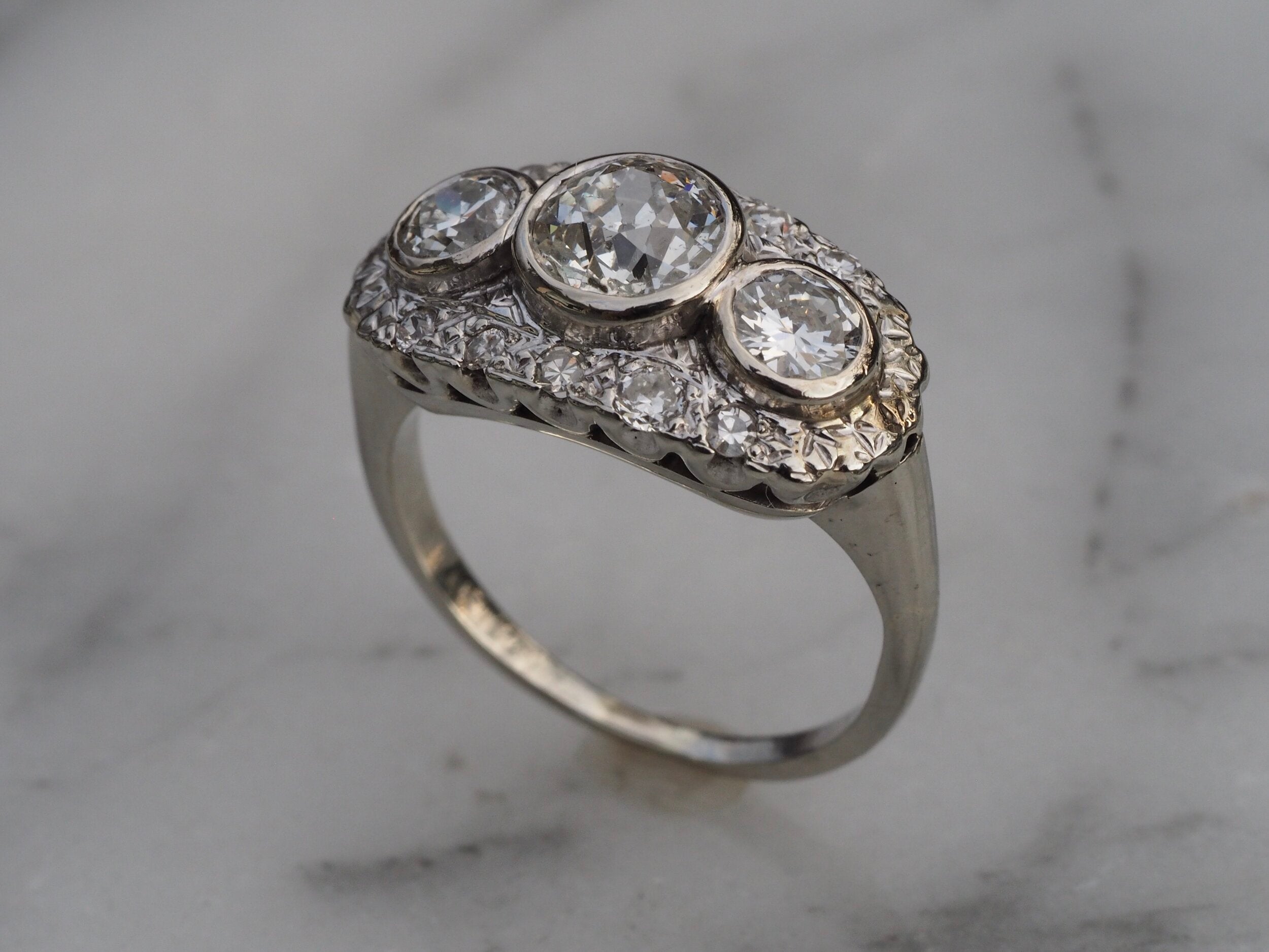 Art Deco 14k White Gold Diamond Trilogy Ring