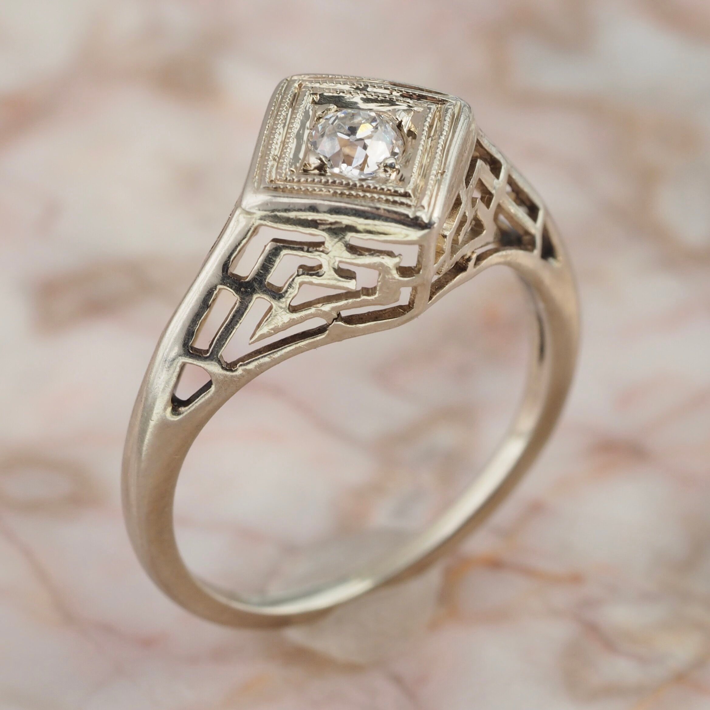 Art Deco 14k White Gold Old European Cut Diamond Engagement Ring